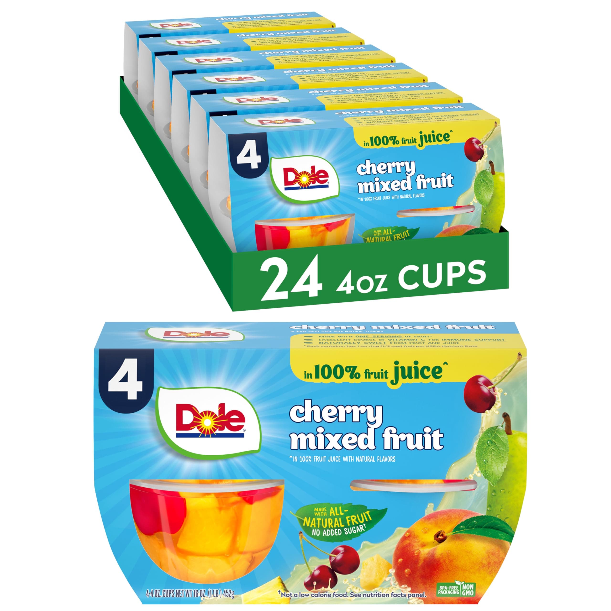 Fruit Bowls Cherry Mixed Fruit in 100% Juice Snacks, 4oz 24 Total Cups, Gluten & Dairy Free, Bulk Lunch Snacks for Kids & Adults