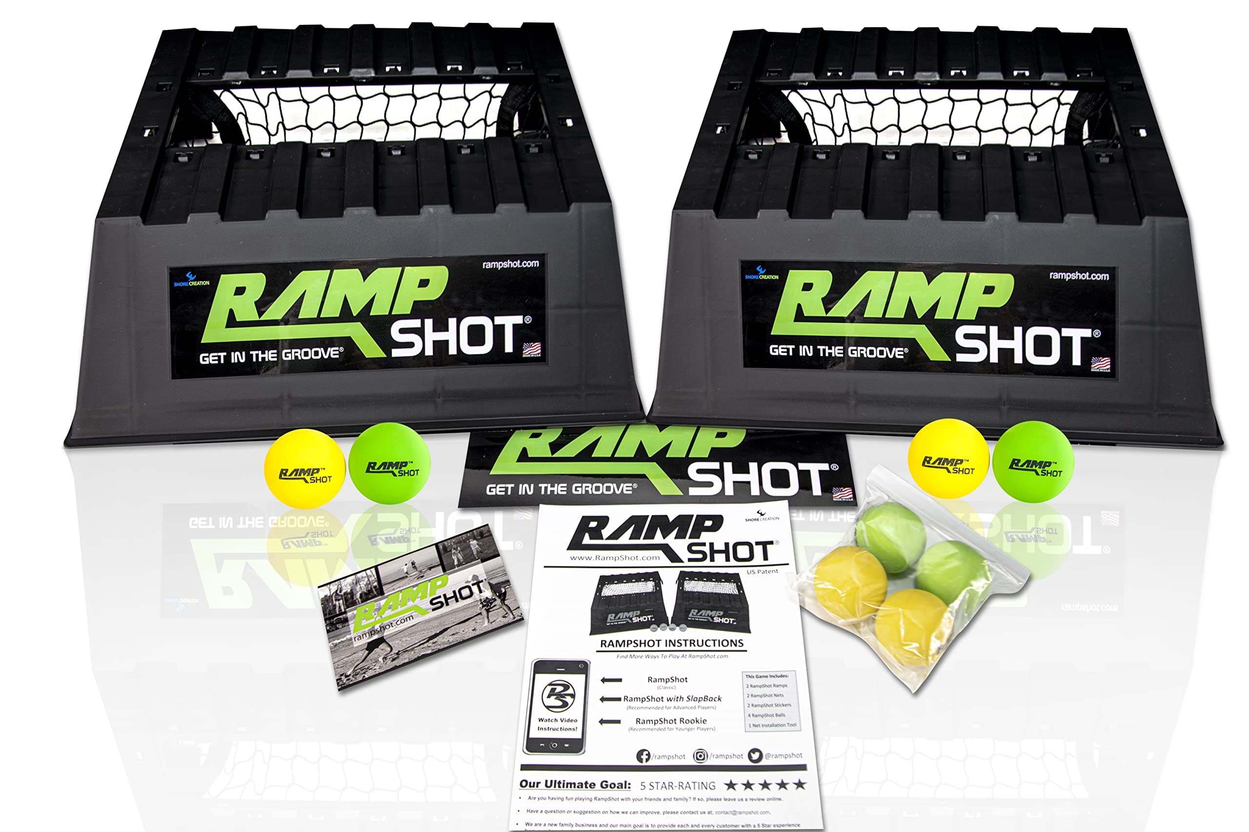 RampShot Plus Game Set with 4 Extra Balls- Game for The Backyard, Beach, Park, Indoors - Portable and Easy to Carry Includes 8 Balls, Stickers and Rule Book