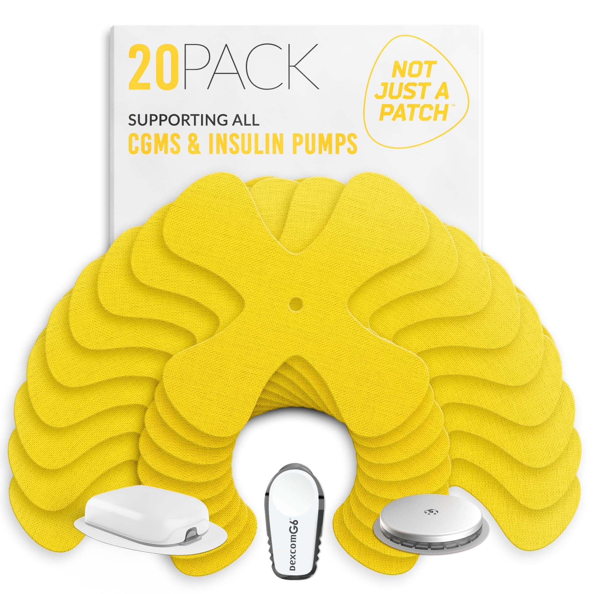 Not Just A Patch X-Patch CGM Sensor Patches (20 Pack) - Water Resistant Omnipod 5 Adhesive Patches - Durable for Active Lifestyle for 10-14 Days - Compatible with Dexcom G6, Libre 2 in Yellow