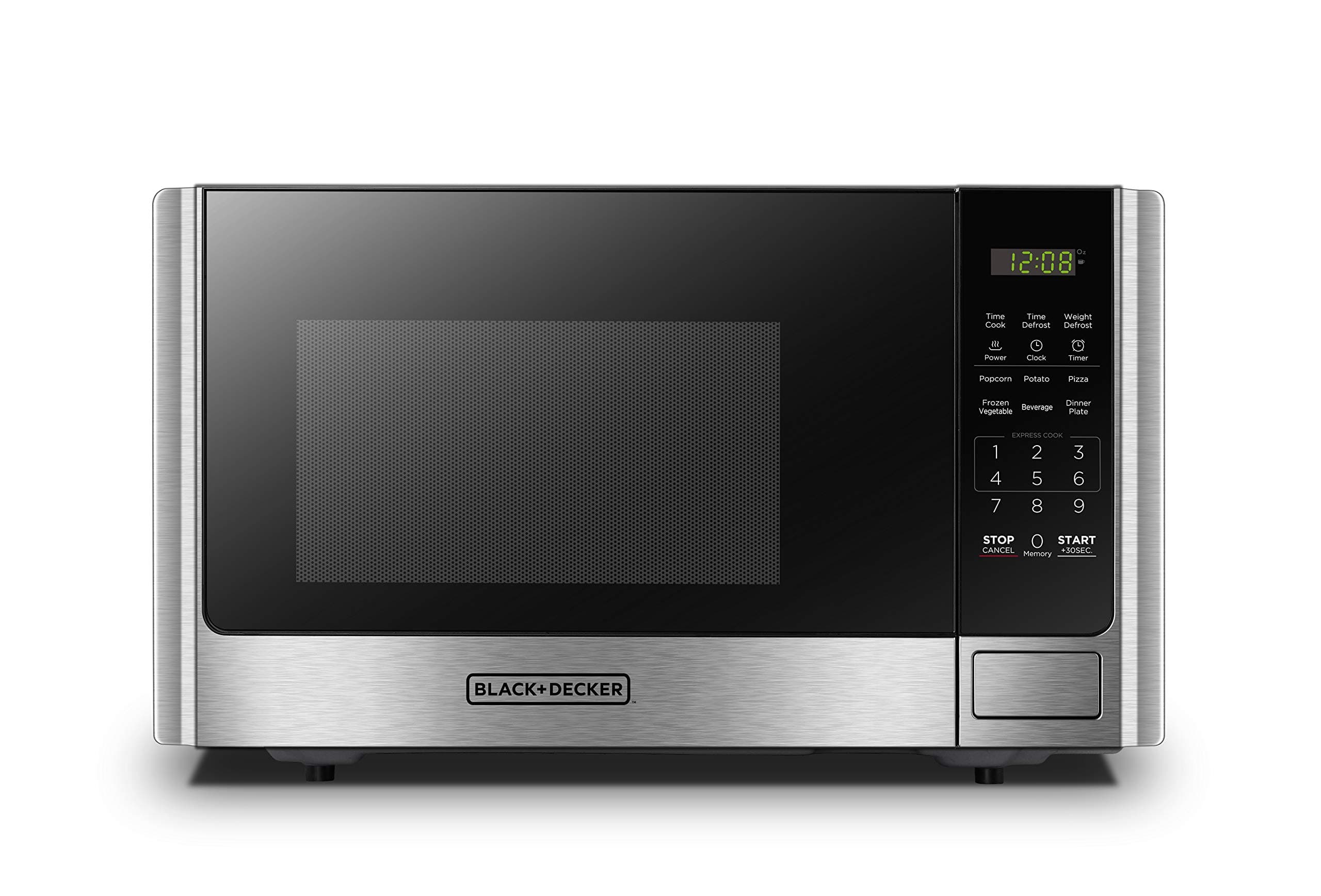 Digital Microwave Oven with Turntable Push-Button Door, Child Safety Lock, Stainless Steel, 0.9 Cu Ft
