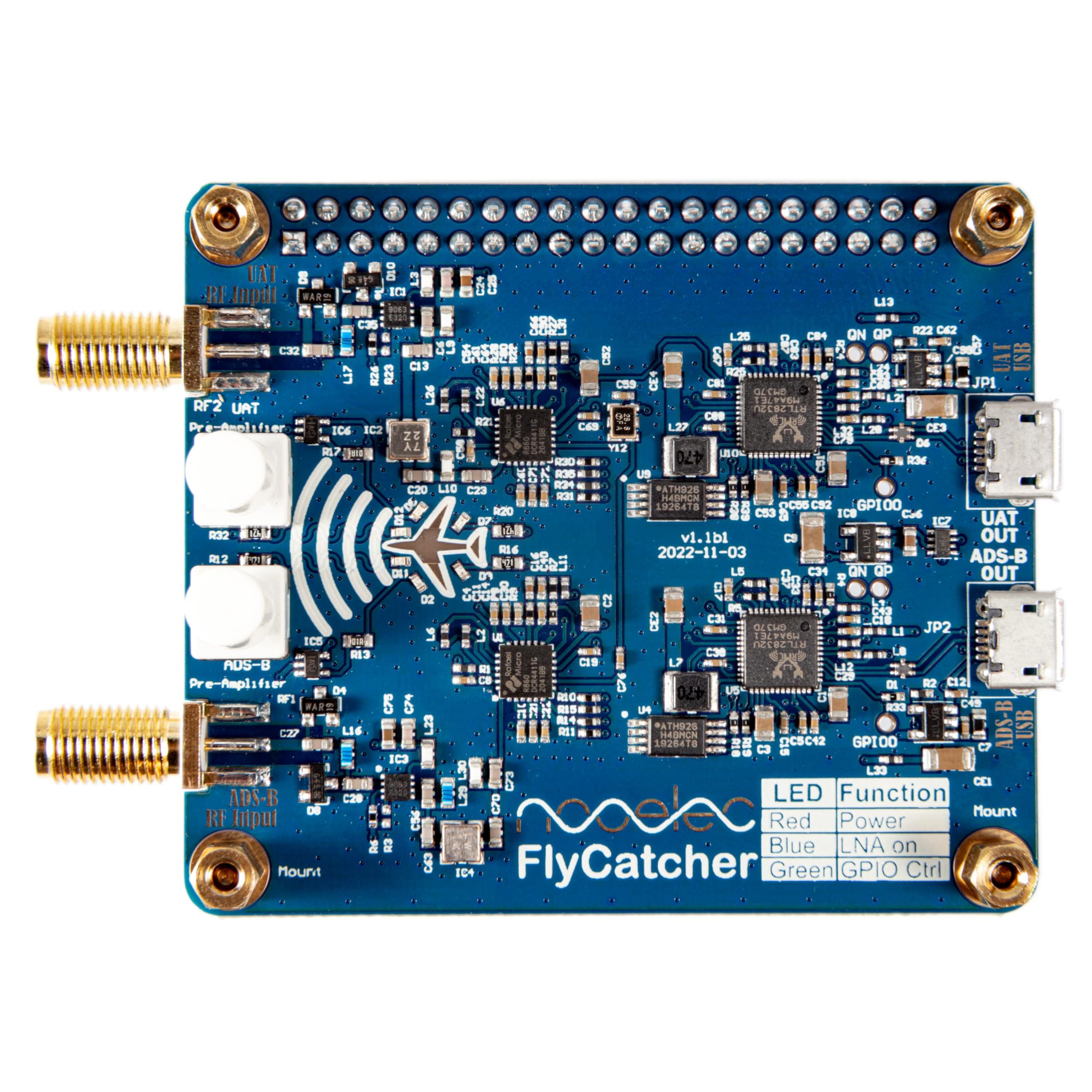 Nooelec Flycatcher - High Performance Dual Channel RTL-SDR Raspberry Pi HAT for Flight Tracking and Aviation Surveillance with ADS-B 1090MHz and UAT 978MHz Software Radio, Local and Remote LNA Bypass