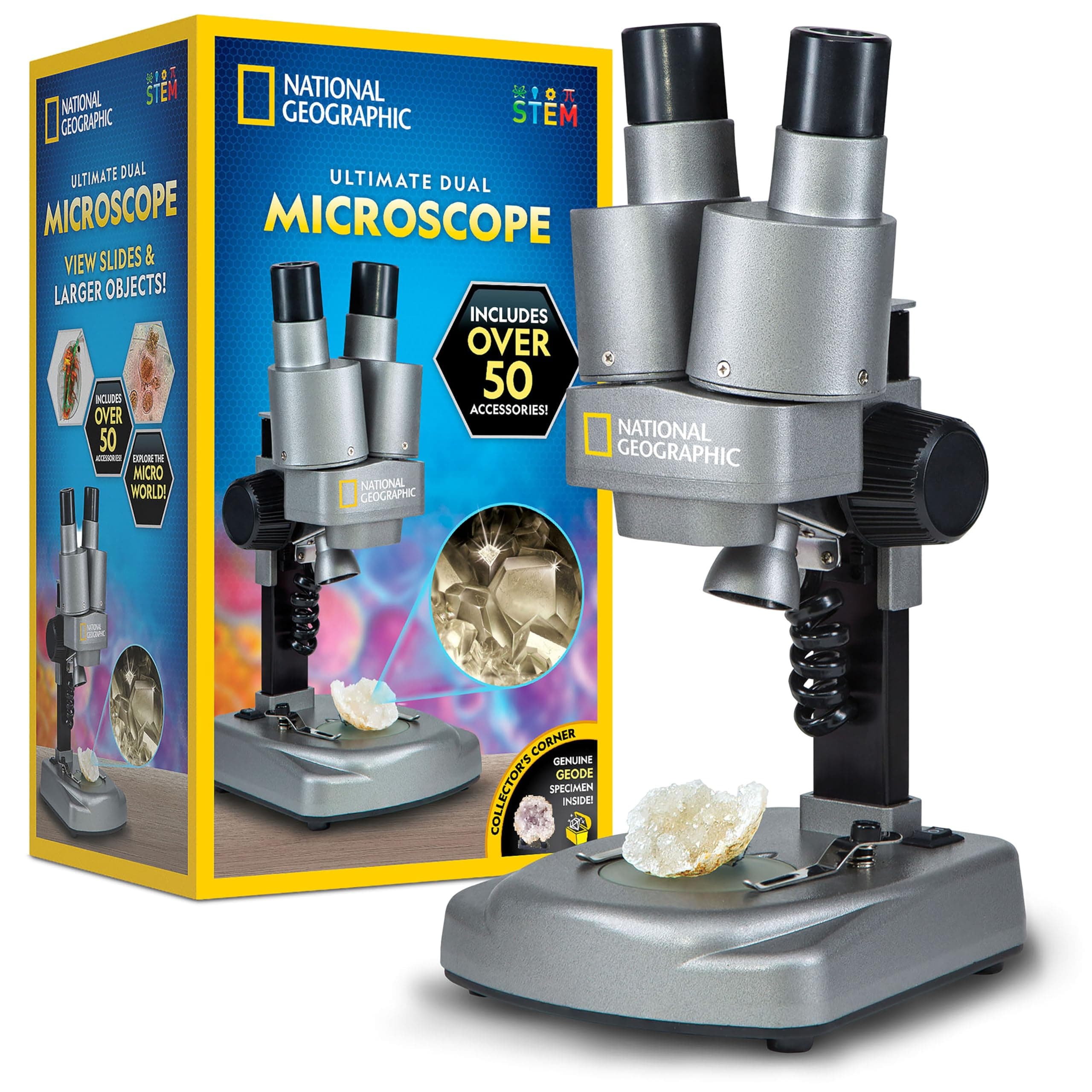 NATIONAL GEOGRAPHIC Dual LED Student Microscope – 50+ pc Science Kit Includes Set of 10 Prepared Biological & 10 Blank Slides, Lab Shrimp Experiment, 10x-25x Optical Glass Lenses and more! (Silver)