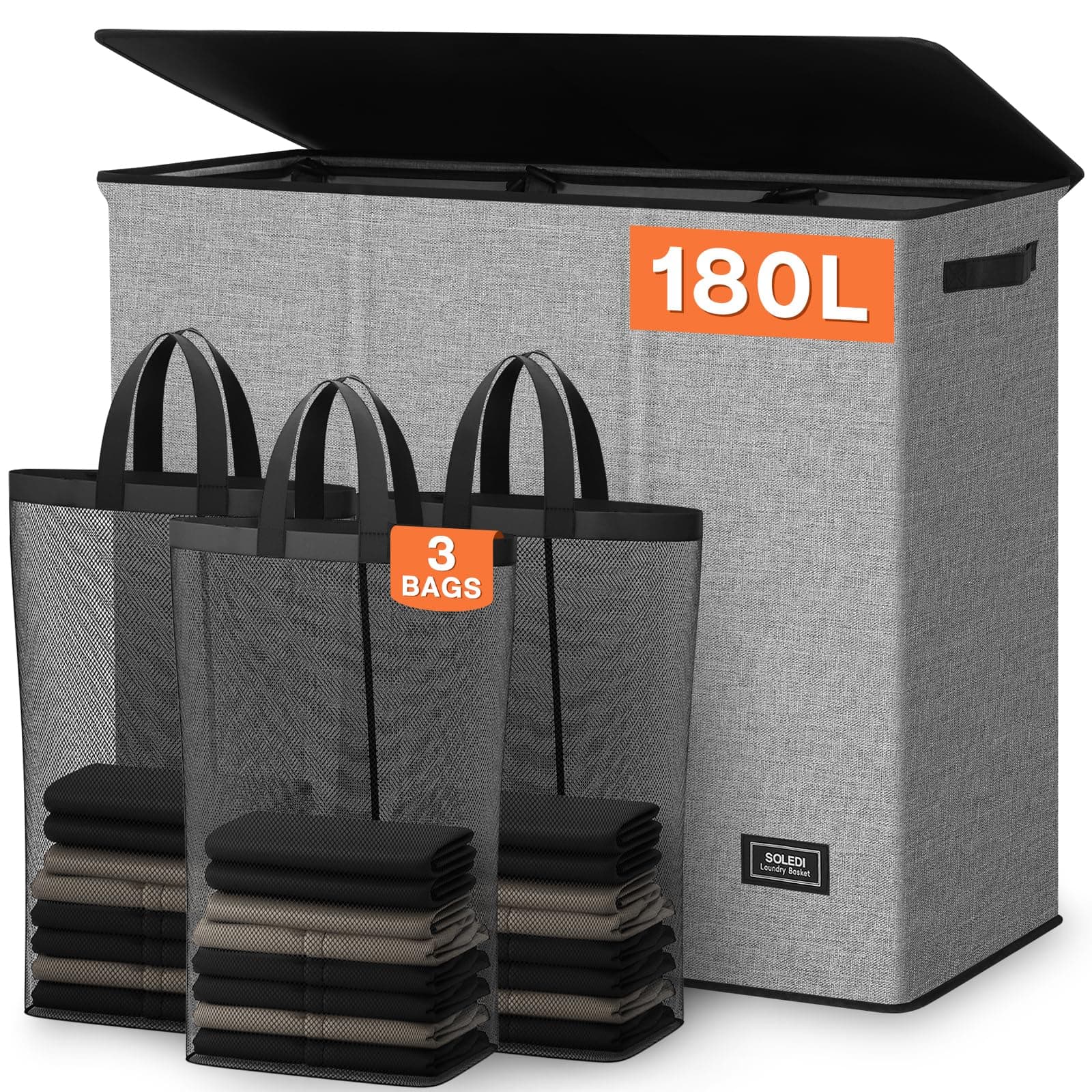 SOLEDI Laundry Hamper with Lid, 180L Laundry Hamper 3 section, Foldable Dirty Clothes Hamper with Sturdy Handle, Large Laundry Basket Organizer for Laundry Room, Bedroom, Dorm, hampers for laundry.