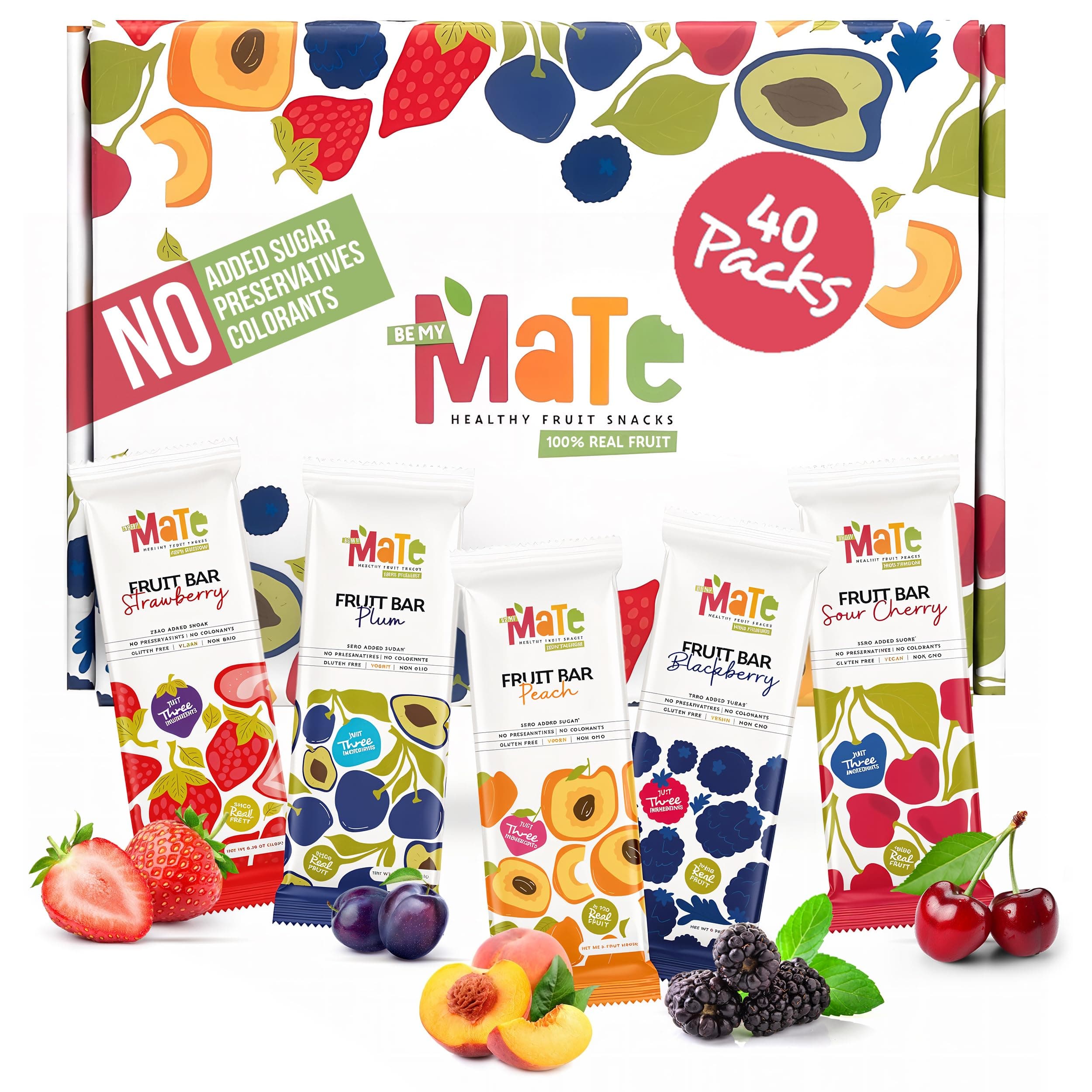 Mate Fruit Bars Variety Pack (40 Pack) - 100% Natural Real Fruit Snacks for Adults and Kids, Healthy Snacks, Fruit Leather. Gluten-Free, Vegan, No Added Sugar, No Preservatives and No Colorant