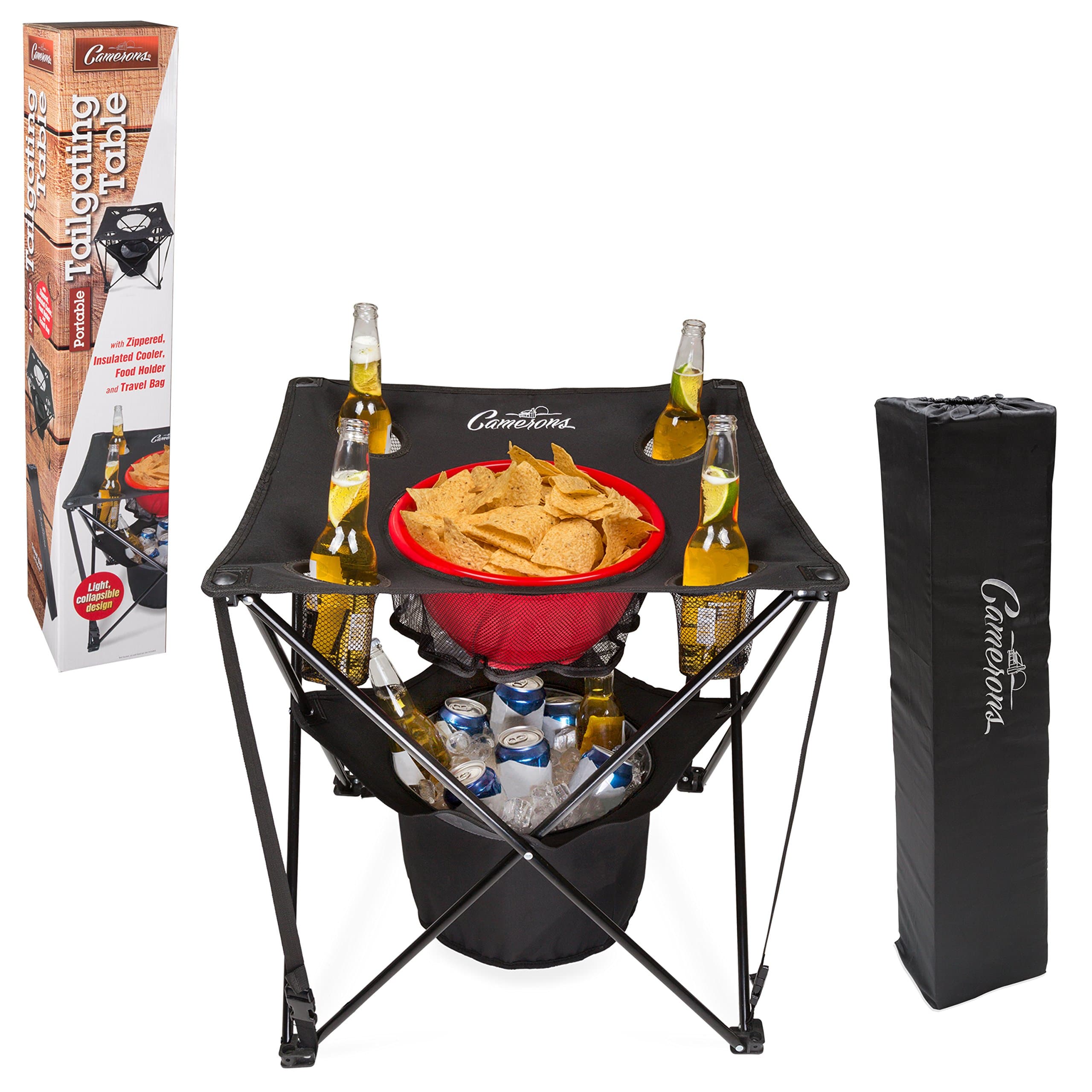 Camerons All-in-One Tailgating Table - Portable Folding Camping Table with Insulated Cooler, Food Basket, Cup Holders & Travel Bag - Collapsible Picnic Table for Outdoor BBQs, Beach & Camp Trips