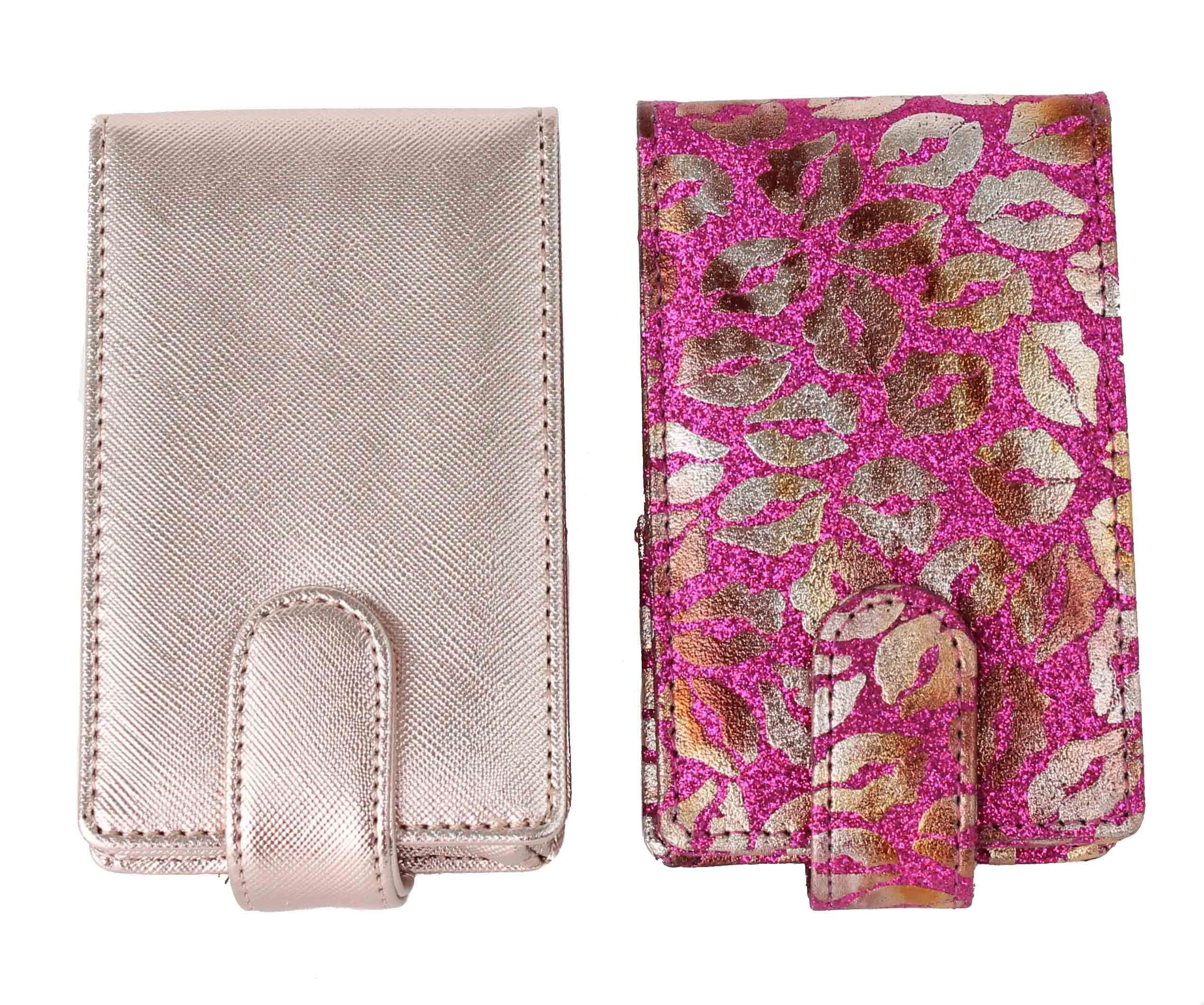 2 Pack Lipstick Lip Gloss Pouch and Carrying Case, Each one Holds 4 Regular Sized Tubes of Lipstick or LipSense (Magenta Glitter with Gold Lips & Rose Gold)