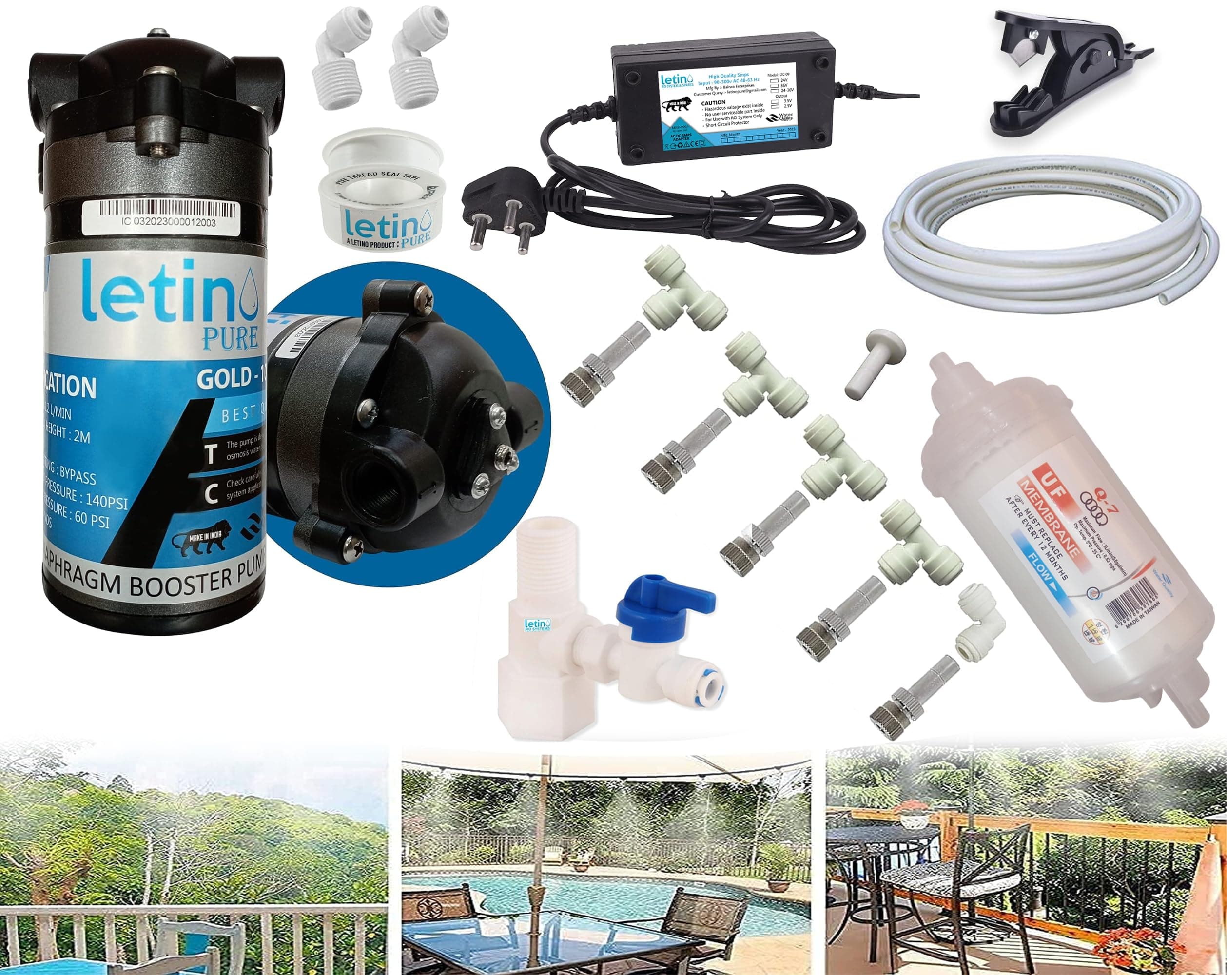 Misting System Kit with Nozzles, Mist 100 GPD Pump, smps, Pipe 10mtr, Connectors etc. for Terrace/Balcony/Garden Cooling/Animal Husbandry/Hydroponics/Fish Farming
