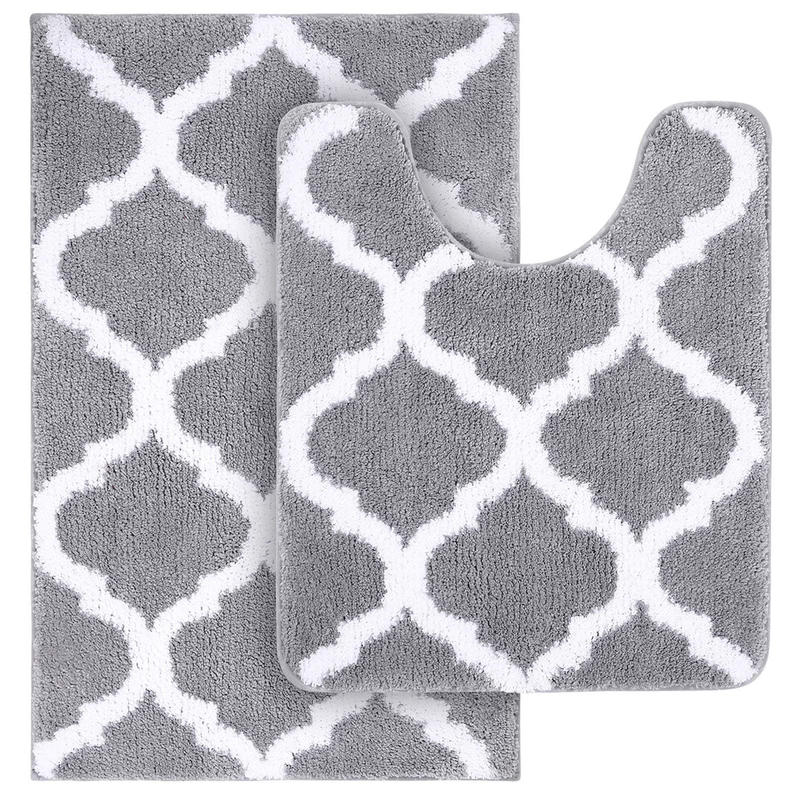 Bathroom Rugs Set 2 Piece Microfiber Bath Shower Mat and U-Shaped Toilet Rug, Machine Wash Dry, Non Slip Absorbent Shaggy Bath Rug for Tub, Shower and Bath Room (20" x 32"+20" x 24", Grey)