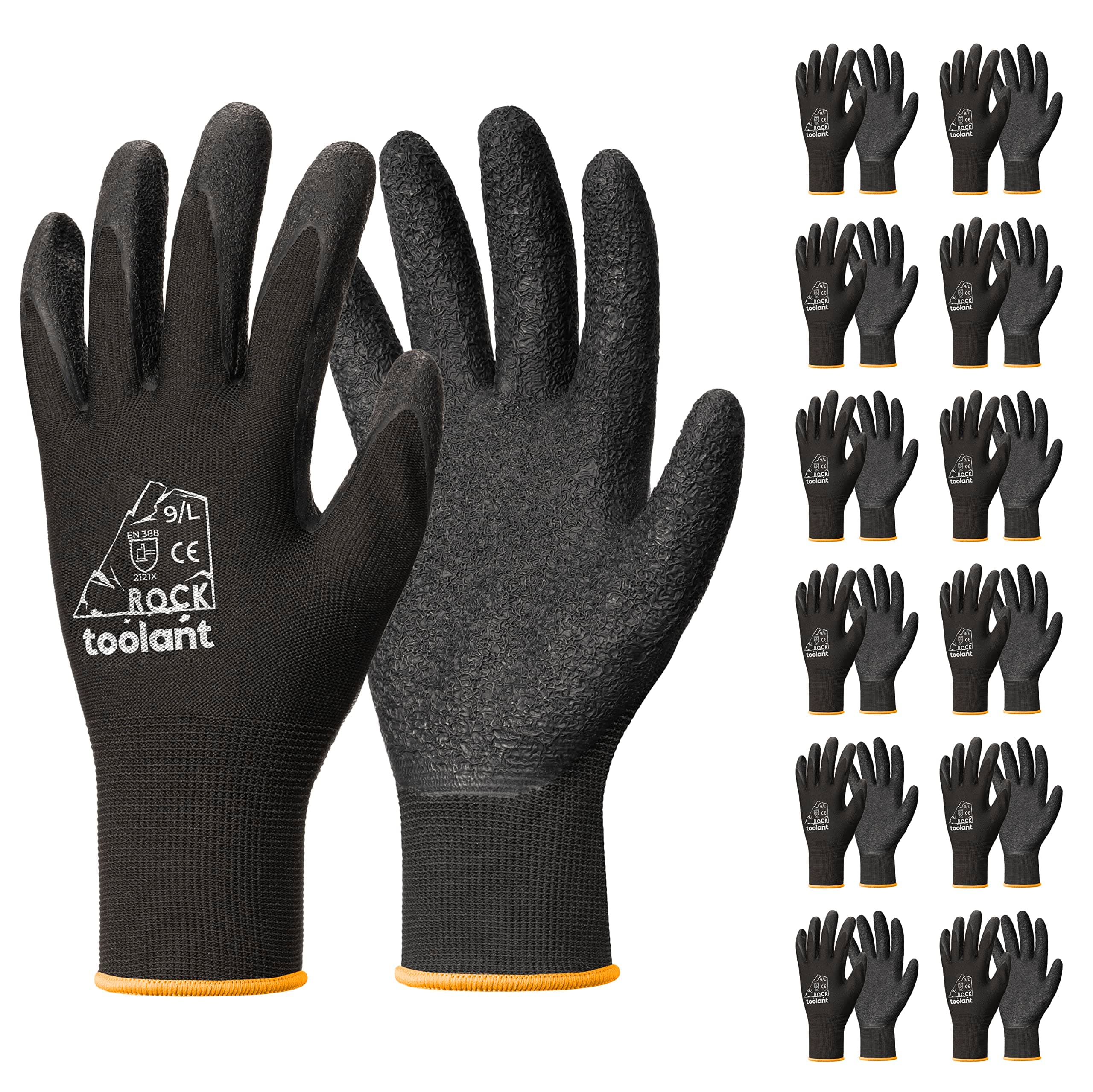 toolant Crinkle Latex Work Gloves Bulk, Rubber Coated Safety Work Gloves for Men and Women, 12 Pairs for Construction, Gardening, Warehouse (Black, Large)