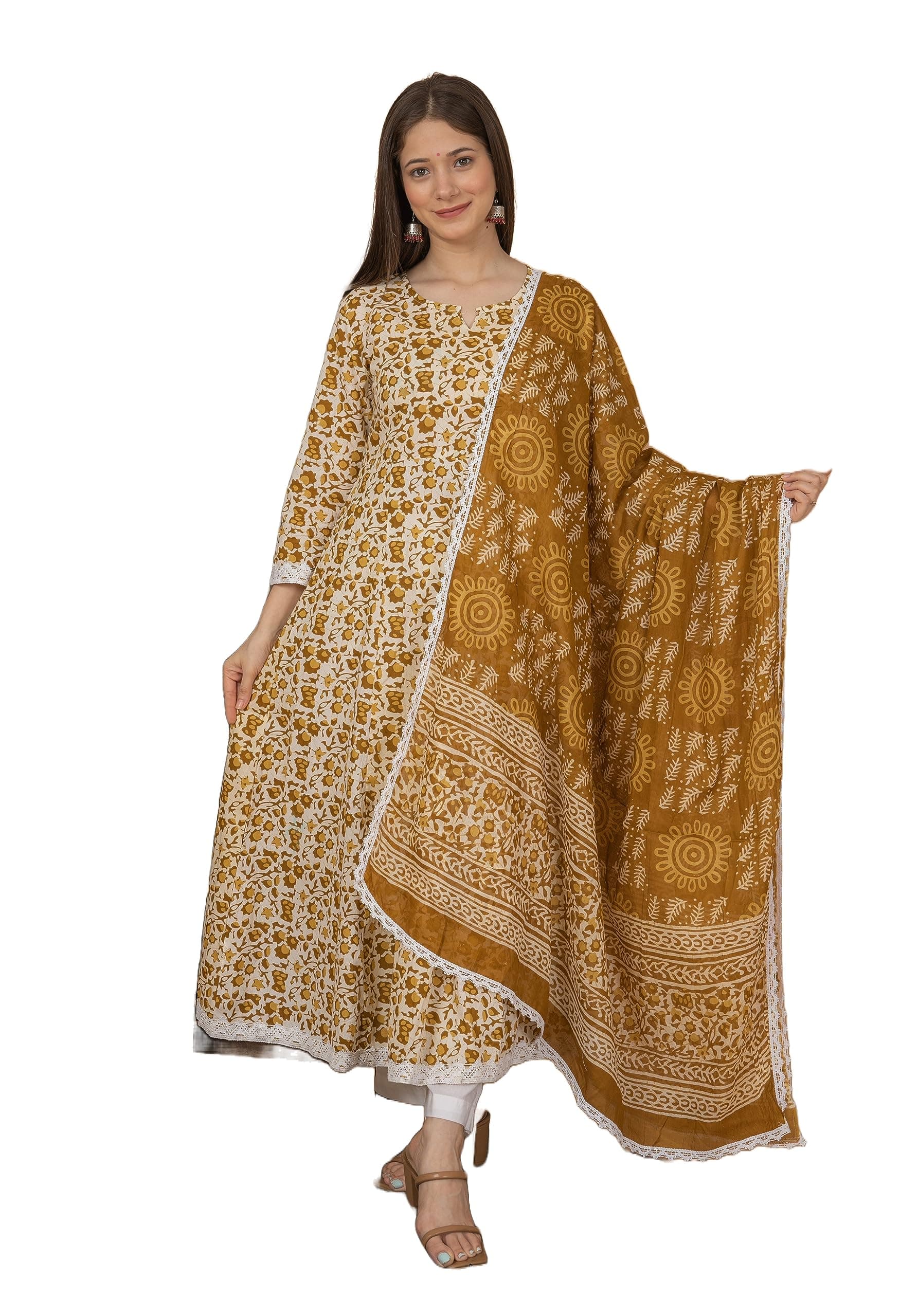 Meera Fab レディース コットン プリント ブルー アナルカリ クルタ パラッツォ & ドゥパッタ