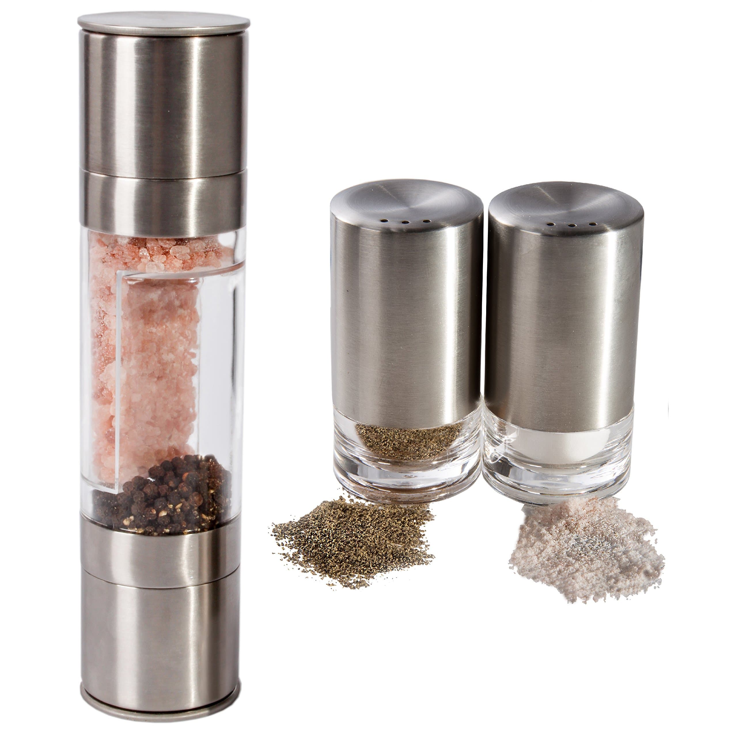 Salt and Pepper Grinder AND Two Spice Shakers Bundle - 2 in 1 Premium Salt and Pepper Mill - Stainless Steel Adjustable Coarseness Removable Caps - Salt and Pepper Shaker Set