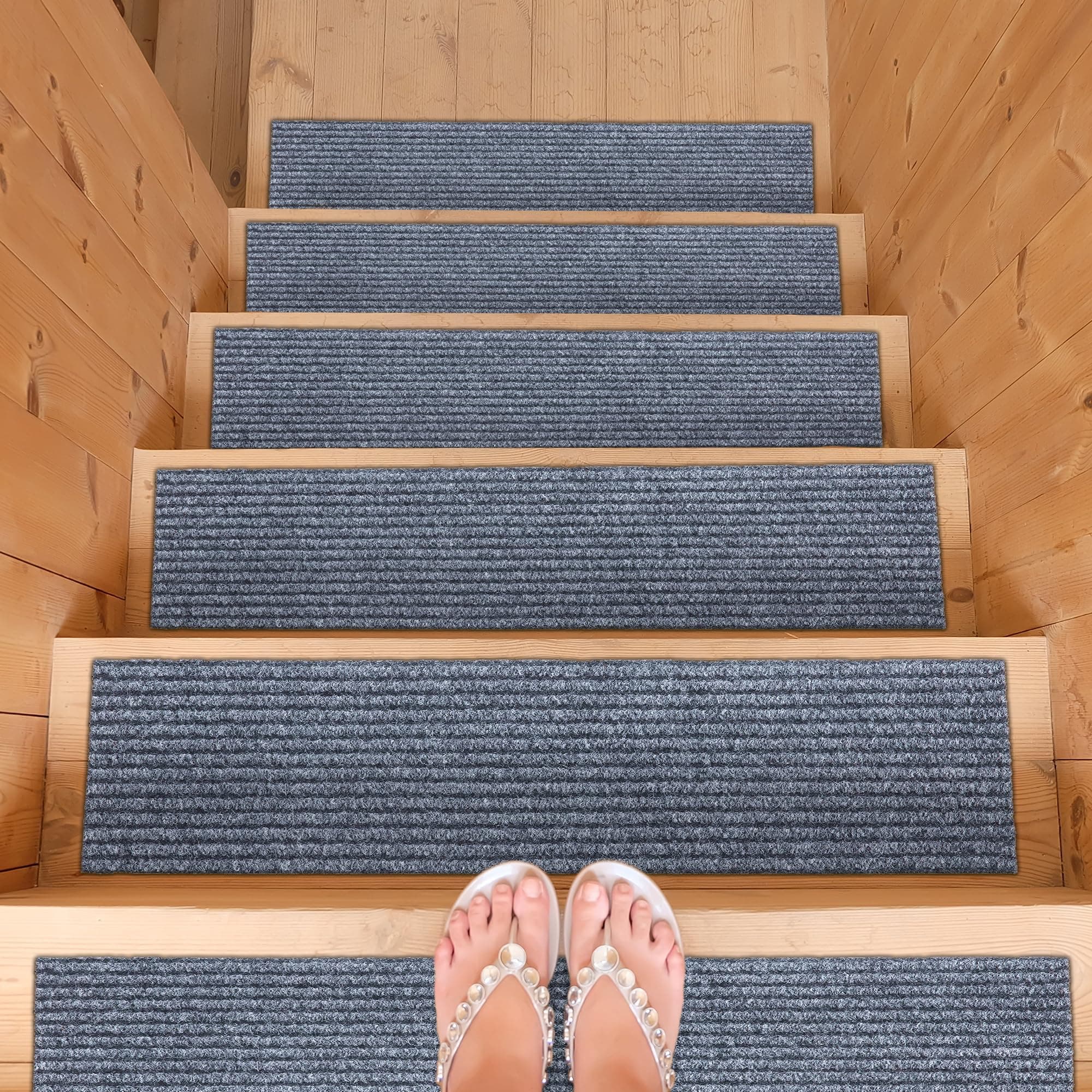 Ottomanson Non-Slip Rubberback Solid 8" x 30" Indoor/Outdoor Stair Treads for Stairs, Garage, Patio, 7 Pack, Gray