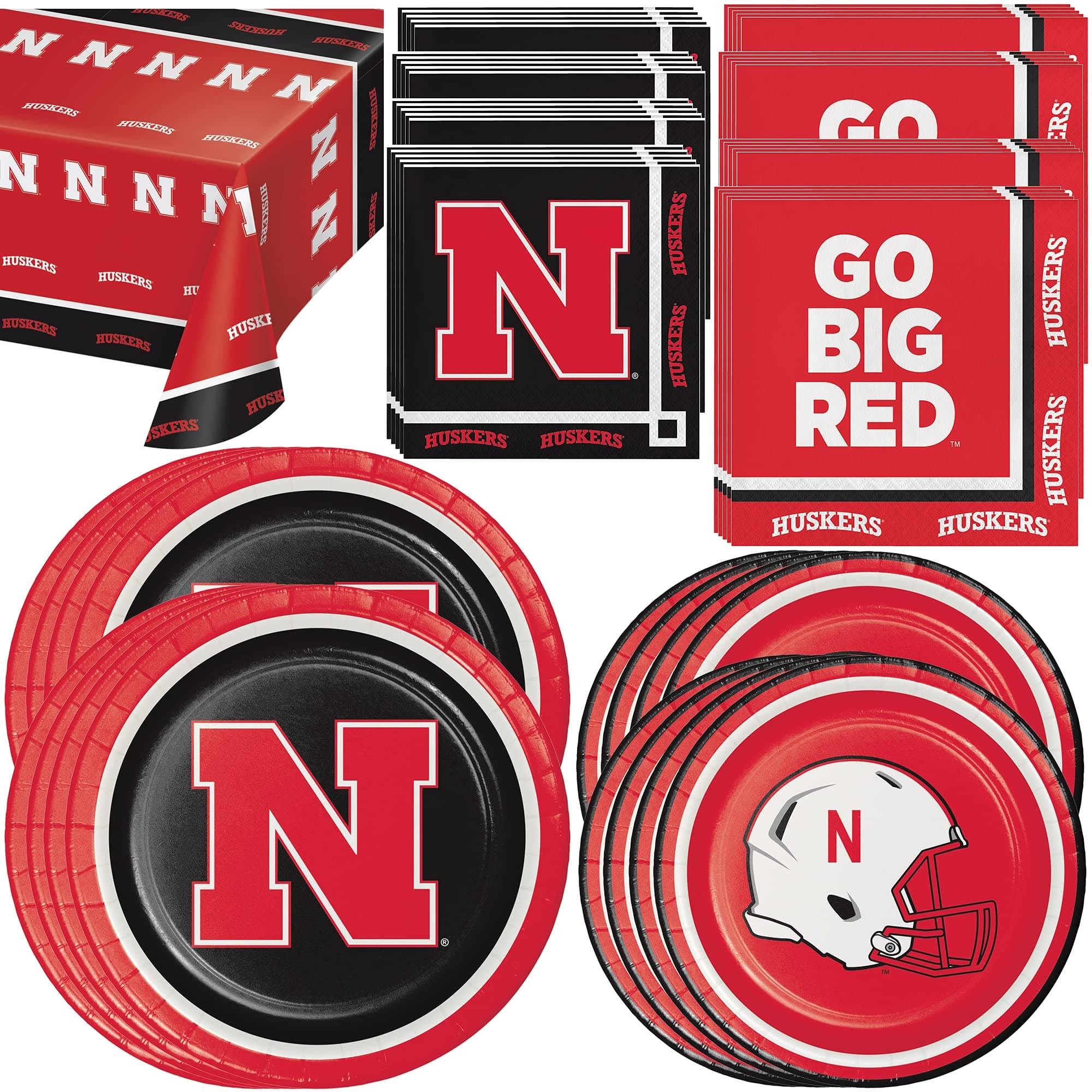 Creative Converting University of Nebraska Dinnerware Party Bundle | Dinner & Dessert Plates, Luncheon & Beverage Napkins, Table Cover | Huskers Football Tailgate