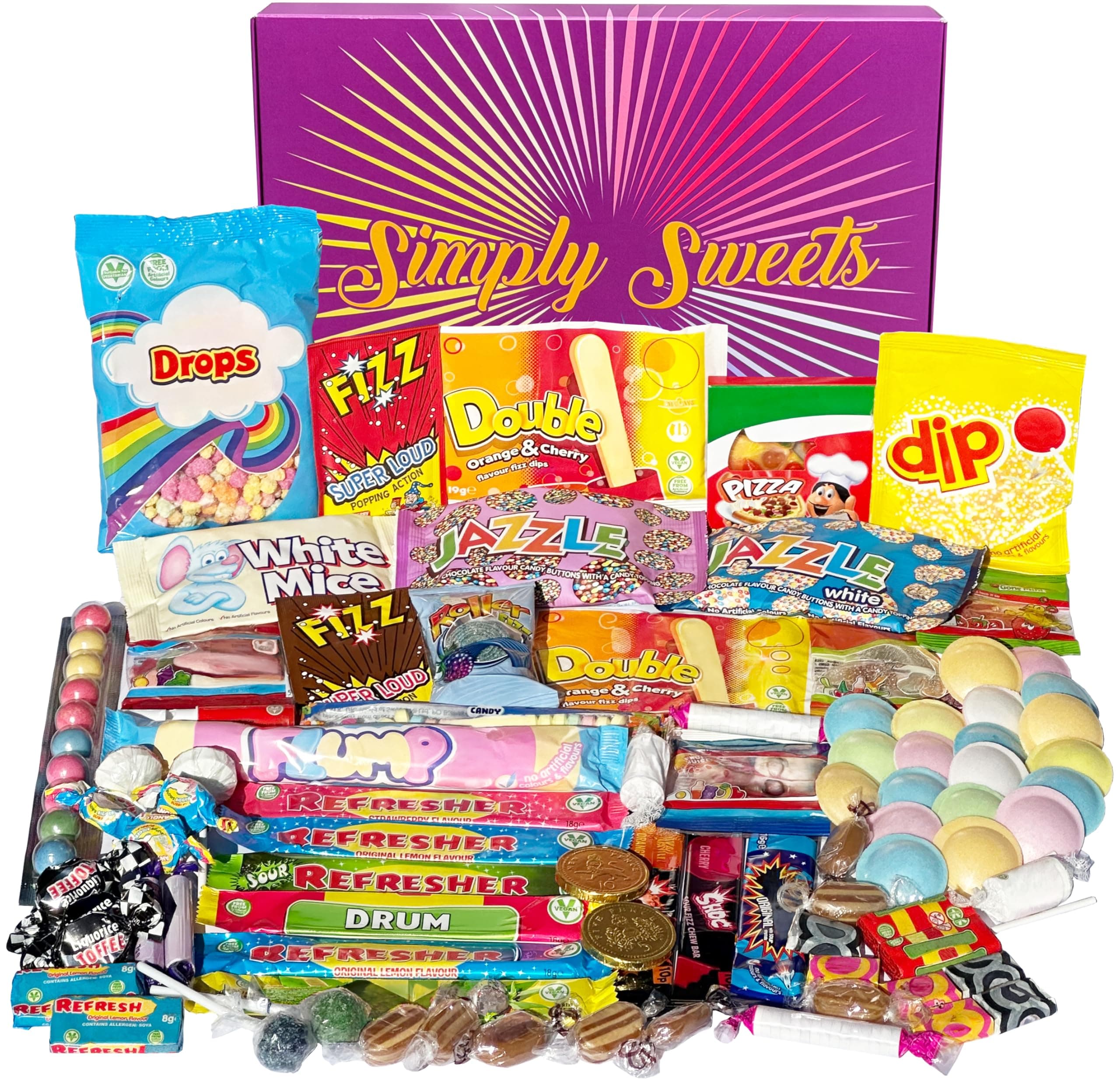 Simply Sweets mega retro sweets hamper gift box. A perfect present for Birthdays, Get Well Soon, Christmas. Packed in a fun stylish unique box.
