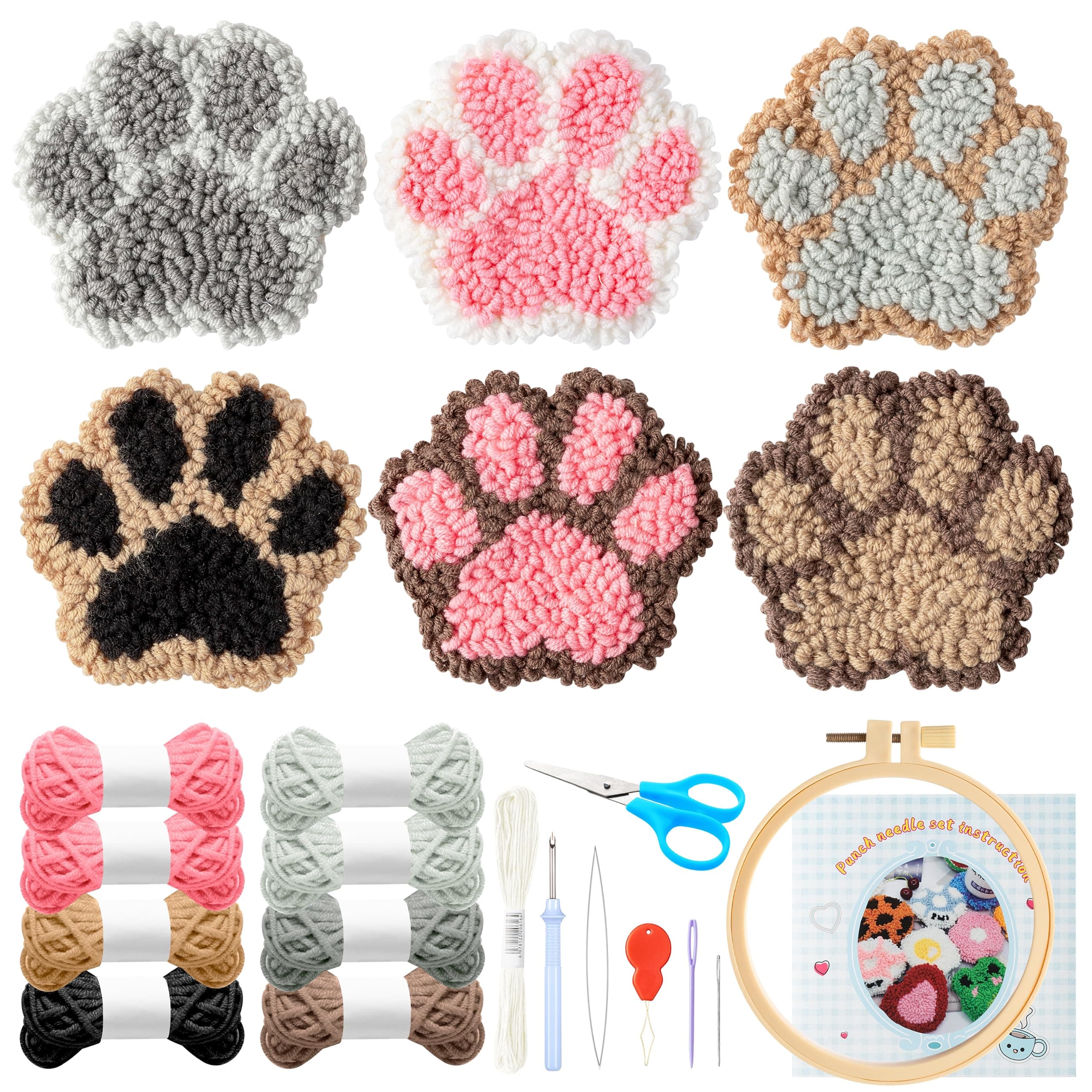 WATINC 22PCS Craft Punch Needle Coaster Kit with Claw Pattern DIY Embroidery Kit for Beginner Easy Embroidery Art and Crafts Needle Coaster with Instruction for Adults