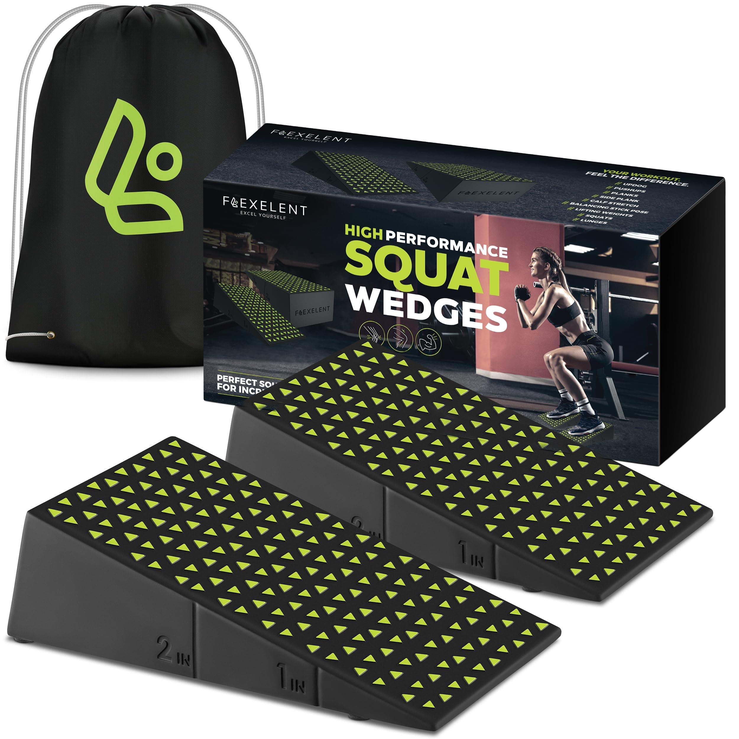 Flexelent Squat Wedge Block Pair - Heel Elevated Squat Wedge for Deeper Squats, Heavy Lifting and Better Form - 17° Angle Exercise Wedges, Slant Board for Squats with Carry Backpack
