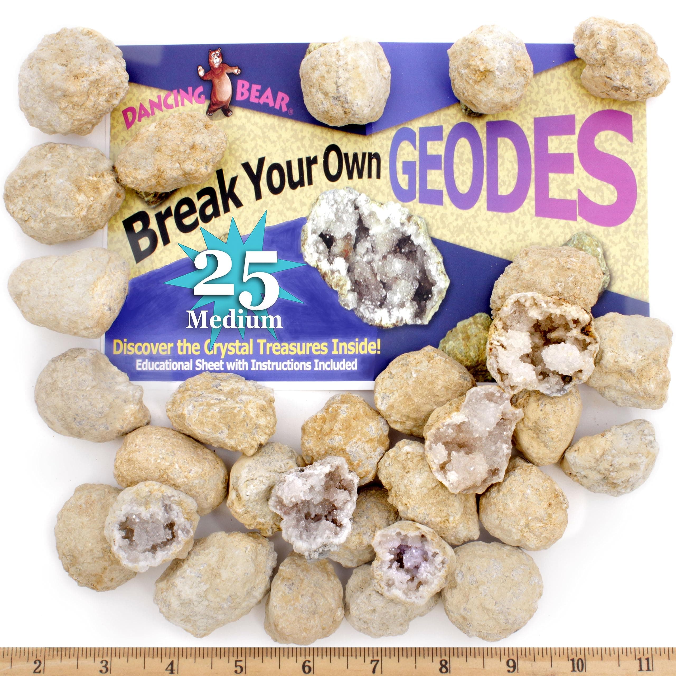 25 Break Your Own Geodes, (Medium 1-1.5") 90% Hollow, Crack Open & Discover Amazing Surprise Crystals Inside! Educational Info and Instructions Included, Fun Party Favors & Prizes