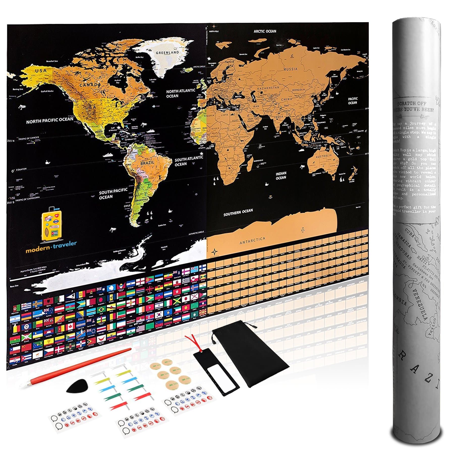The World Map Scratch Off Poster - A Personalized Travel Map to Show Where You’ve Been - Includes USA States and Country Flags with Fun Accessories - Deluxe Map of The World Gift Idea for Travelers