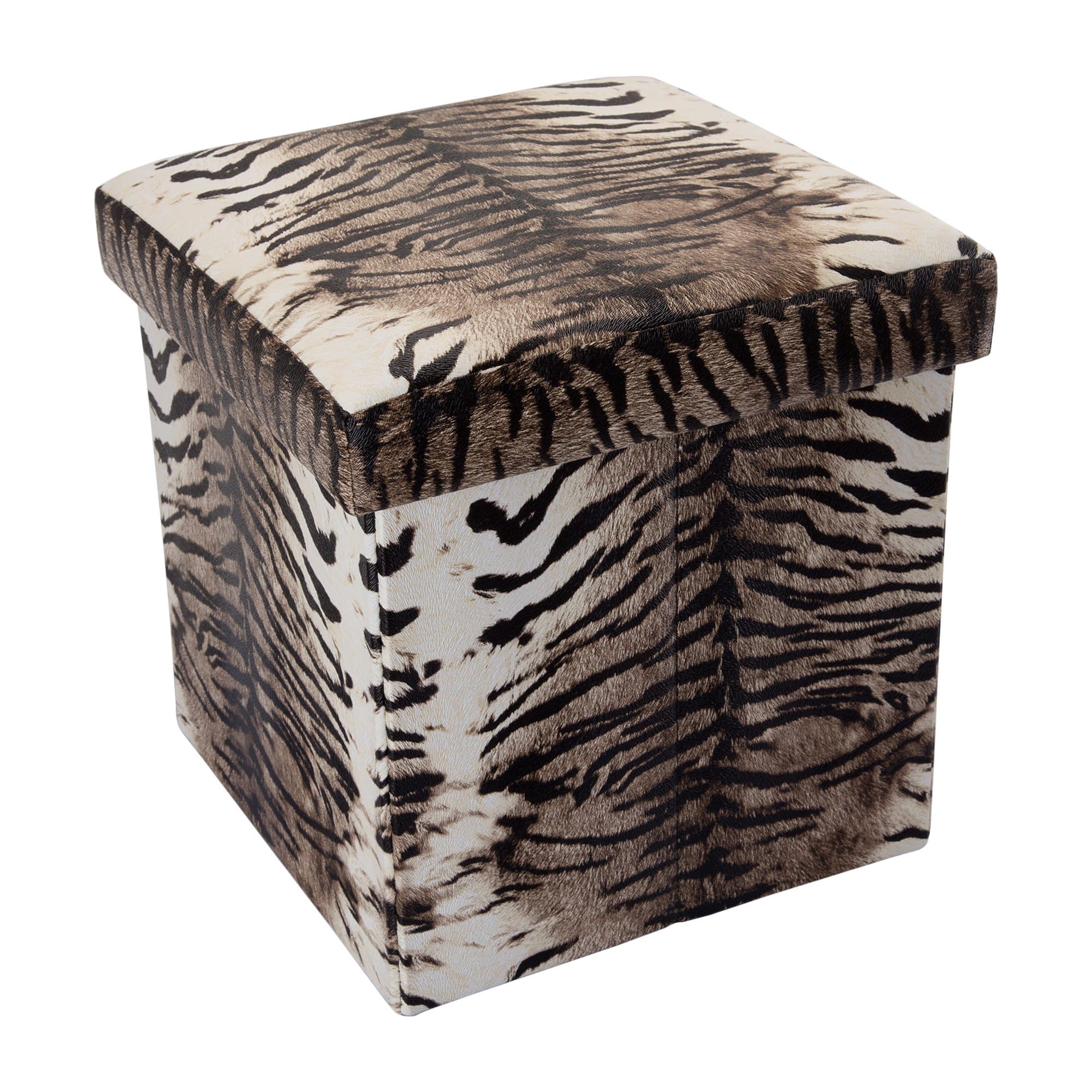 Intirilife Ottoman Cube 30x30x30 cm in TIGER PATTERN – Foldable Portable Storage Footstool with Removable Lid made of Fabric in Linen Look – Folding Pouffe Stool Chest Seat