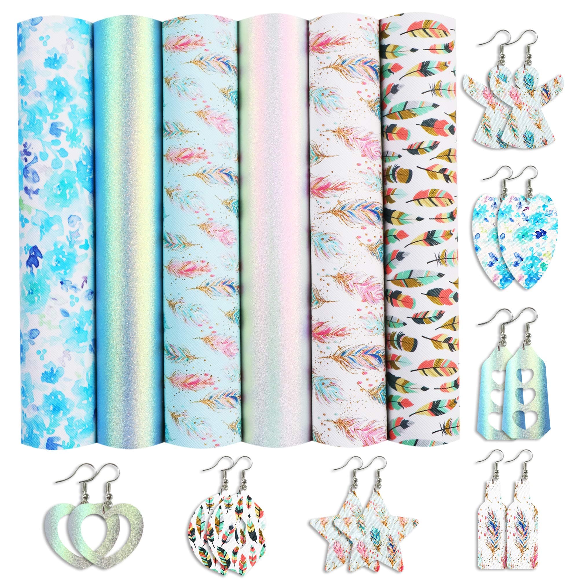 David accessories6 Pcs 7.7" x 12.9" (20 cm x 33 cm) Printed Faux Leather Fabric Sheets Include 2 Kinds of Leather Fabric for DIY Bows Earrings Making Crafts (Feather Set)
