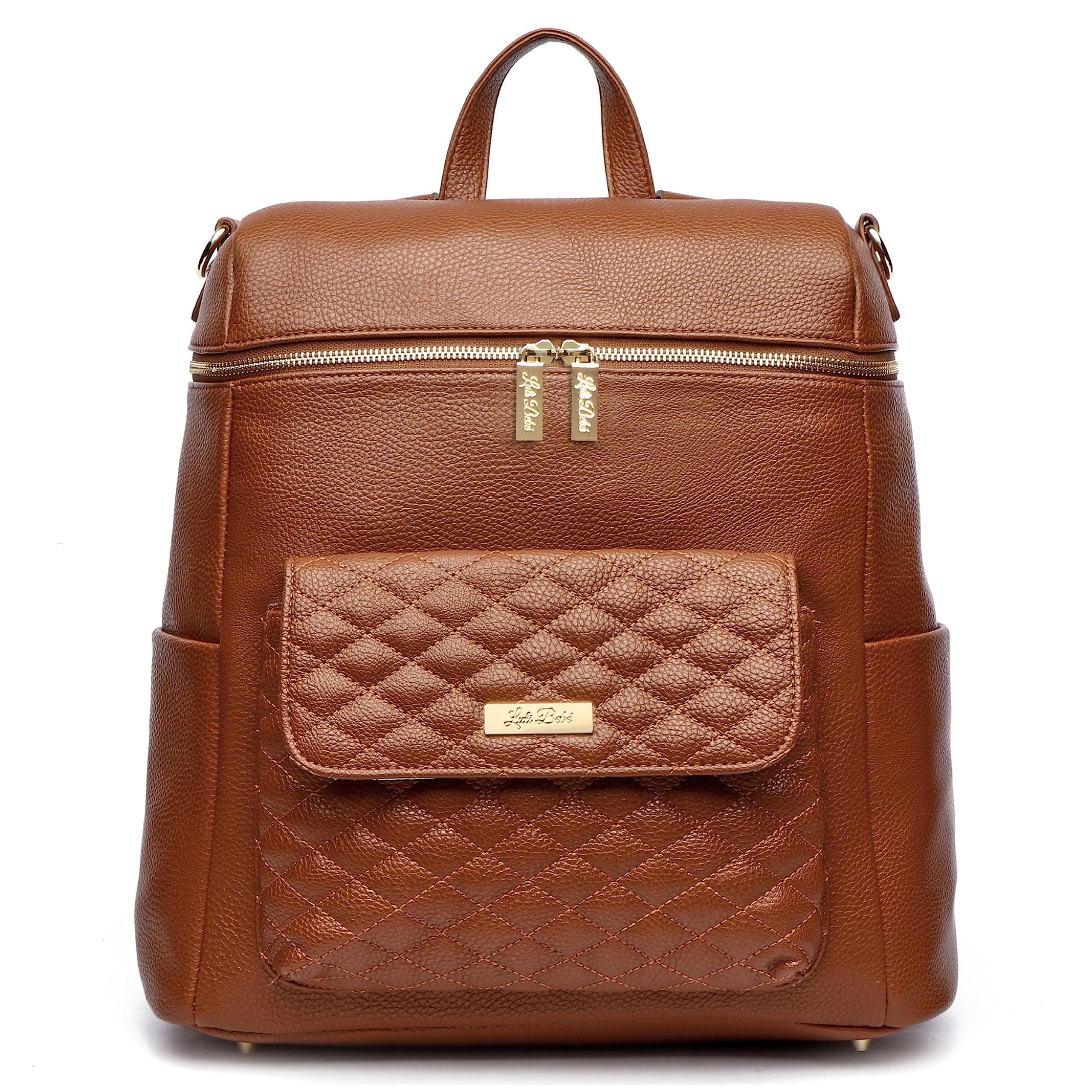 Monaco Large Diaper Bag Backpack by Luli Bebe - Designer Modern Vegan Leather Stylish Baby Backpack Diaper Bag for Mom, Multipurpose, Roomy, with Changing Pad (Caramel Brown)