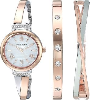 Women's AK/2245RTST Crystal Accented Rose Gold-Tone and Silver-Tone Bangle Watch and Bracelet Set, Standard