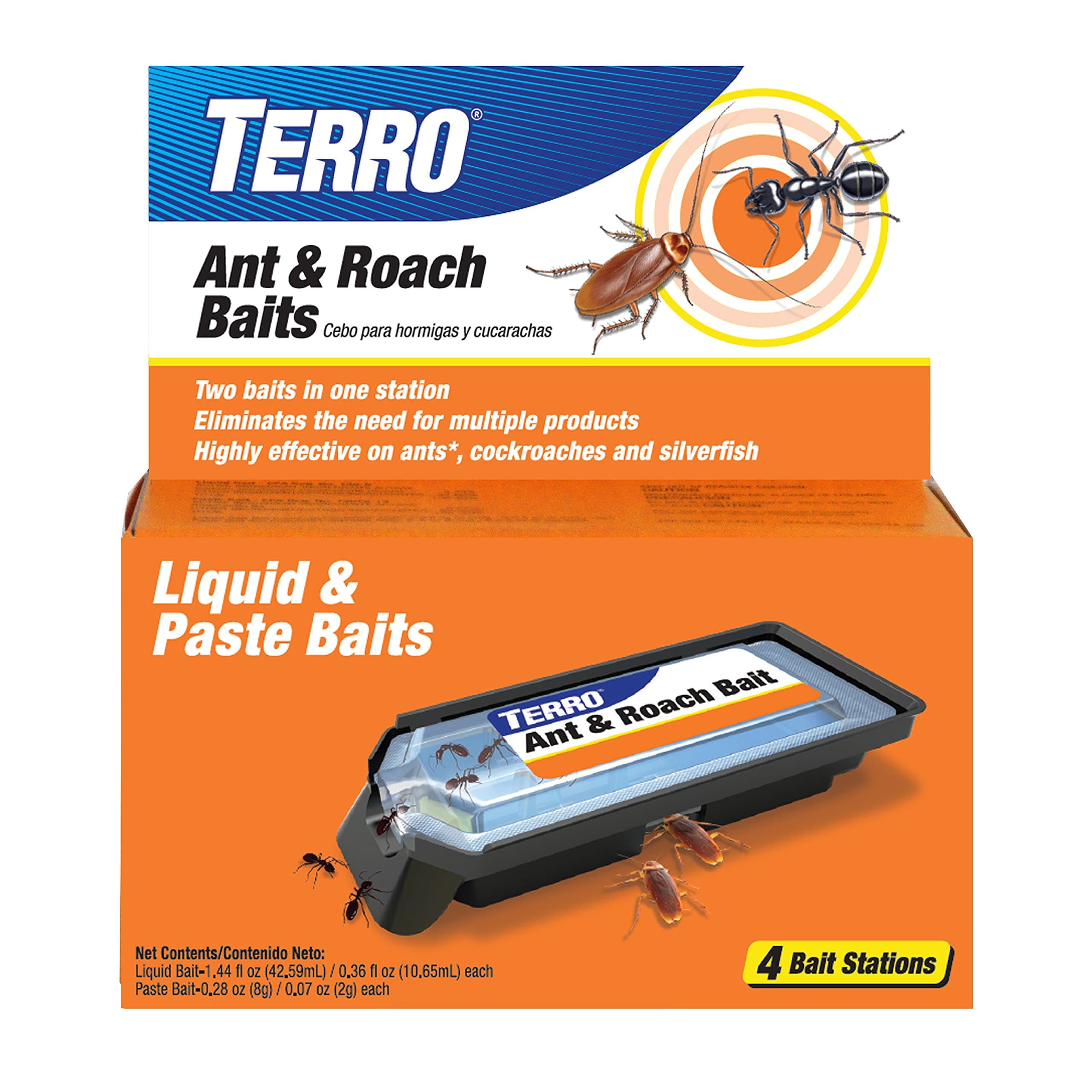 TERRO Ant & Roach Bait - Indoor Ant Killer and Roach Killer - 4 Bait Stations - Attracts and Kills Ants, Roaches, and Silverfish - T360