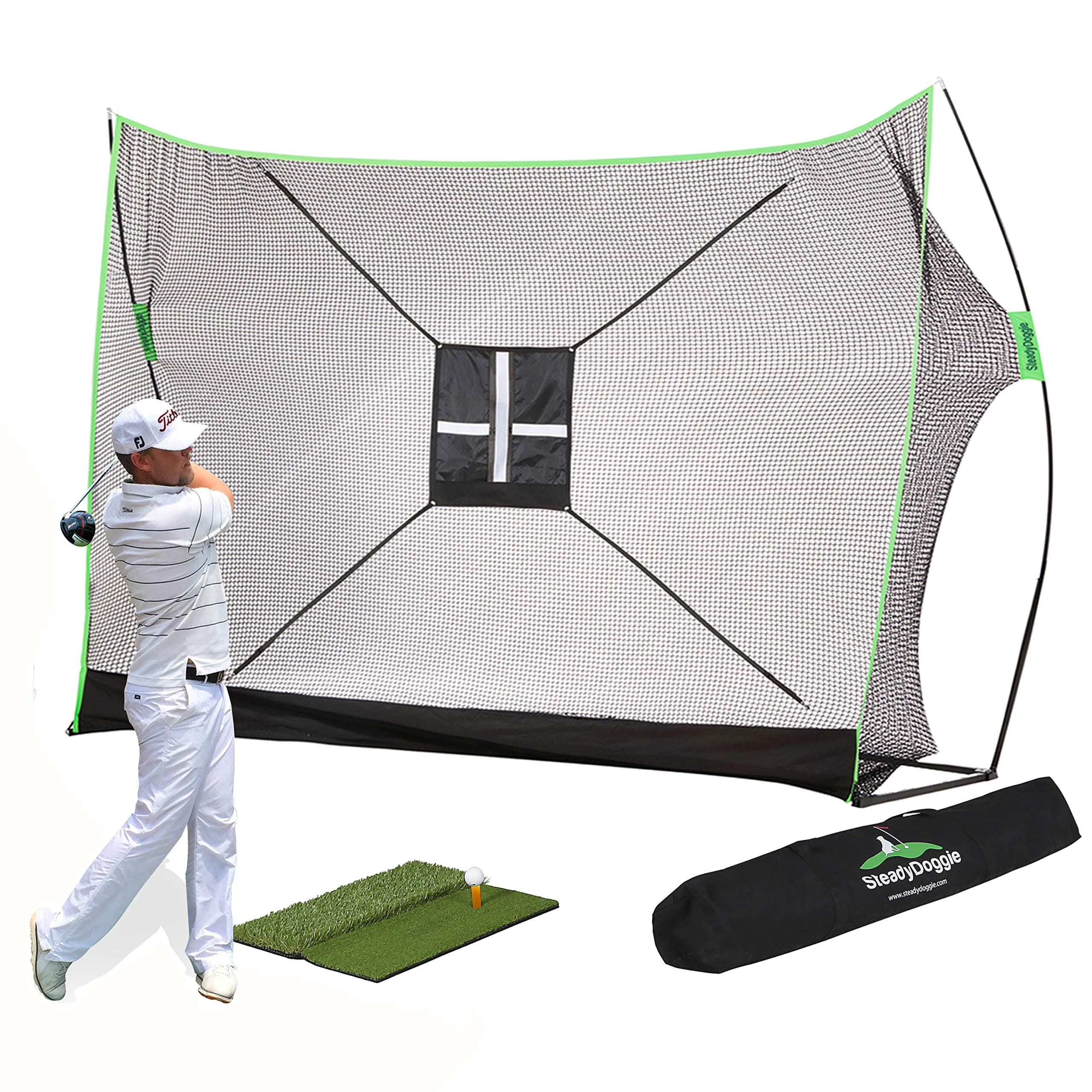 10 x 7ft Golf Net Bundle - Professional Patent Pending Design - Dual-Turf Golf Mat (only for 4pc option), Chipping Target & Carry Bag－Ideal Choice of Golf Nets for Backyard Driving & Golf Hitting Nets