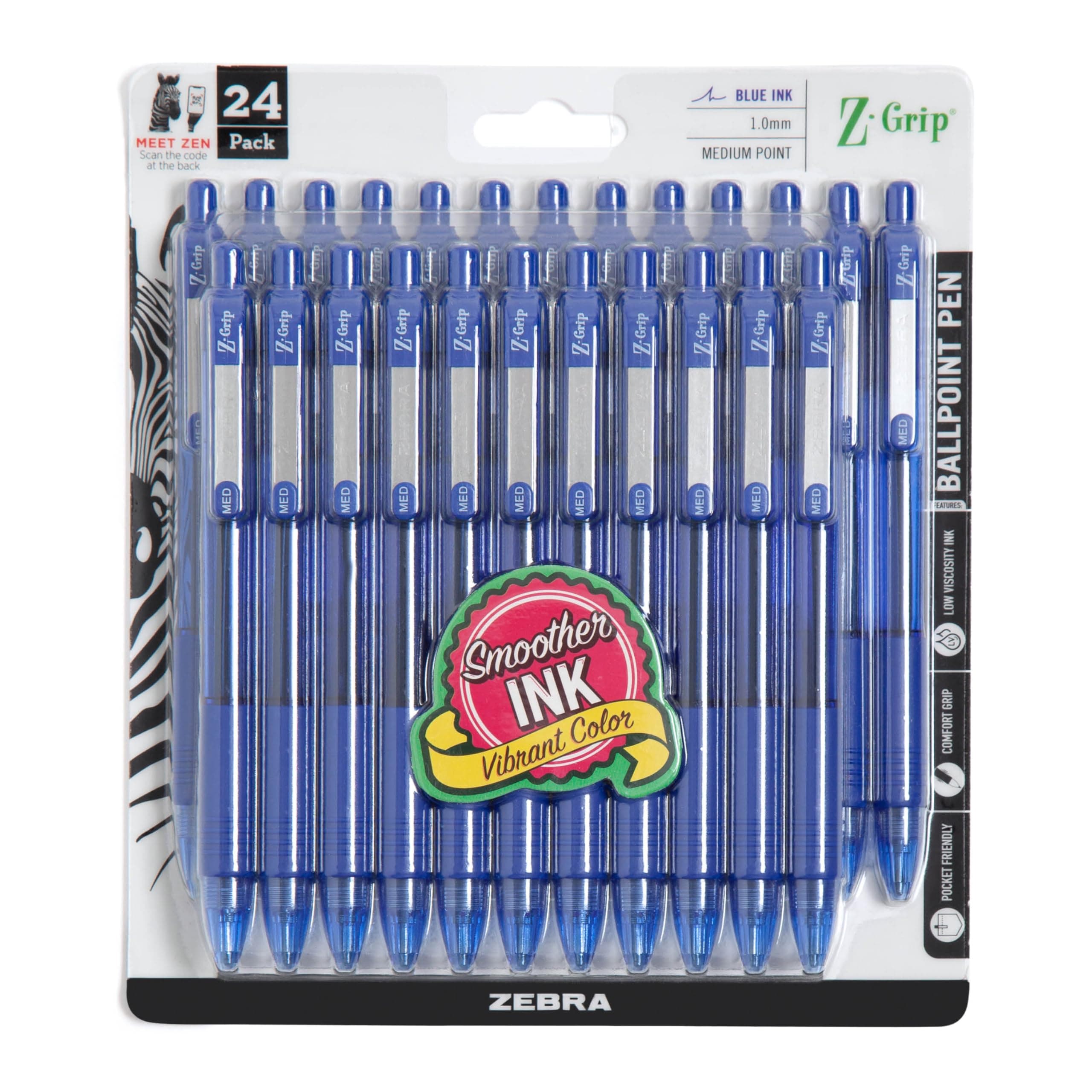 Zebra Pen Z-Grip Retractable Ballpoint Pen, Medium Point, Blue Ink, 24-Pack, Model Number: 12225