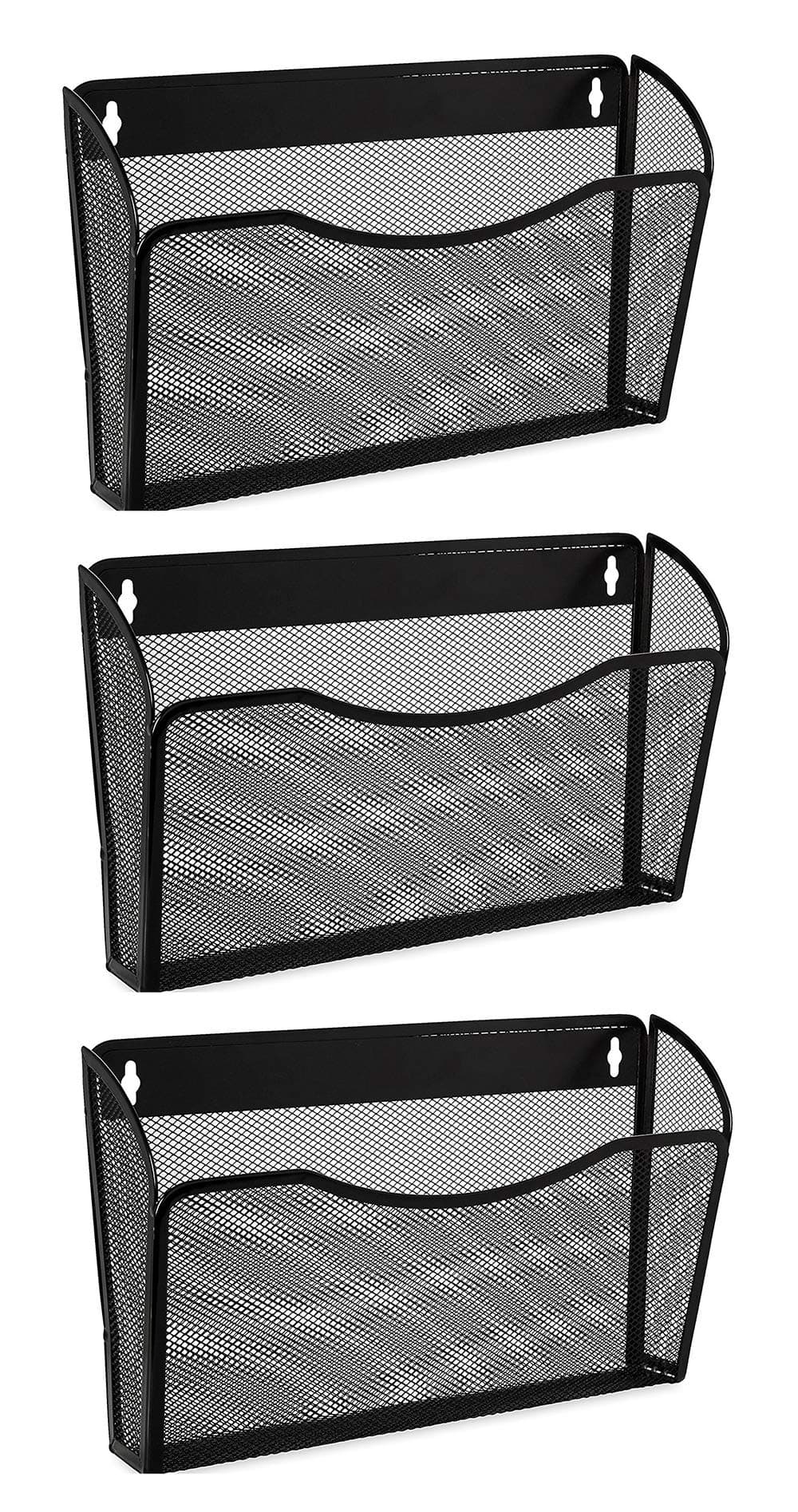 3 Single Pocket Mesh Hanging File Organizer, Vertical Wall Mounted Magazine File Holder, Mount Basket Mail Paper Document Folder Organizing for Office, Home and School, Black