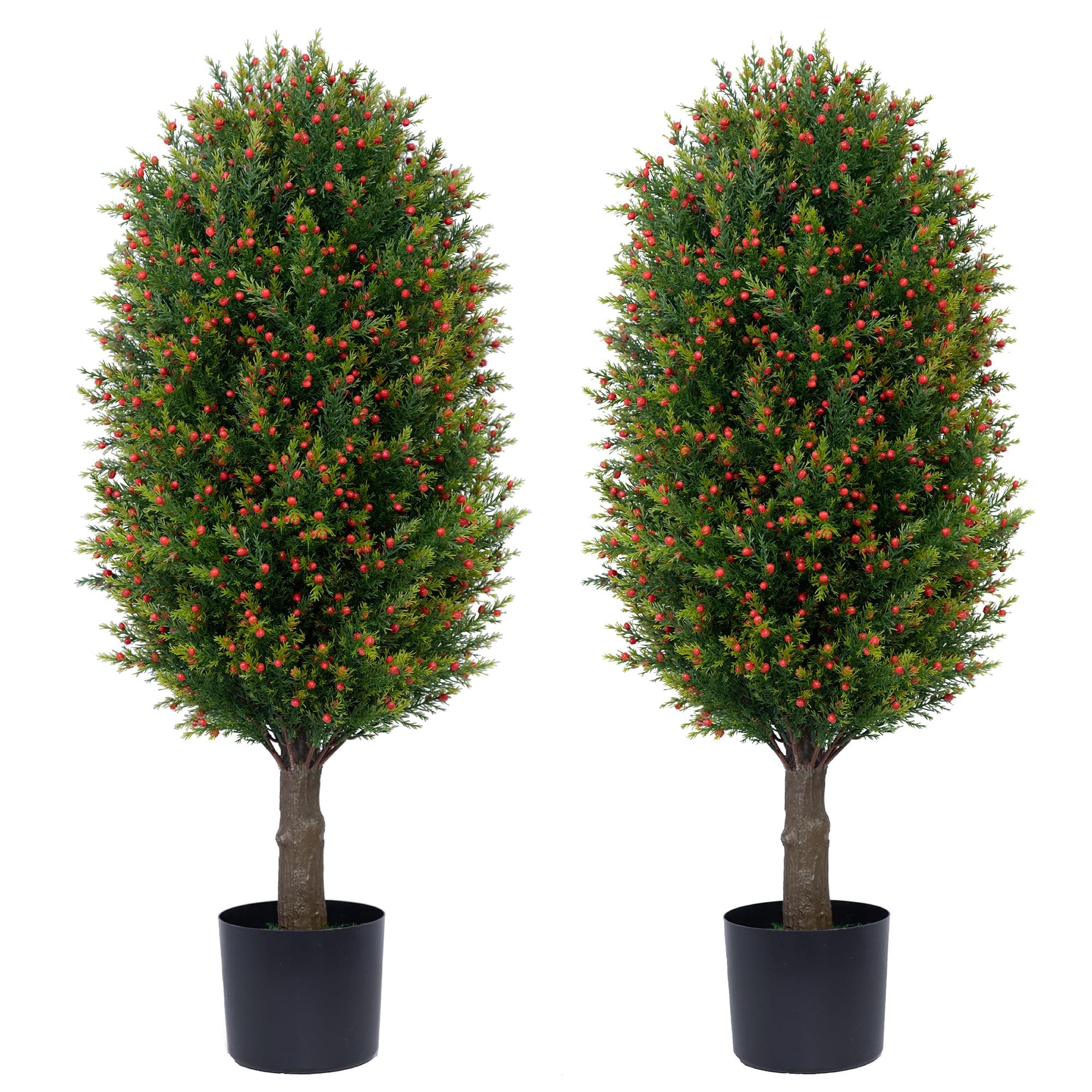 JoyPowerArtificial Boxwood Topiary Tree Two 3FT Artificial Cedar Tree Artificial Pine Shrubs Tree Potted Bushes UV Resistant Potted Plants for Outdoor or Indoor (Small Red Fruit)