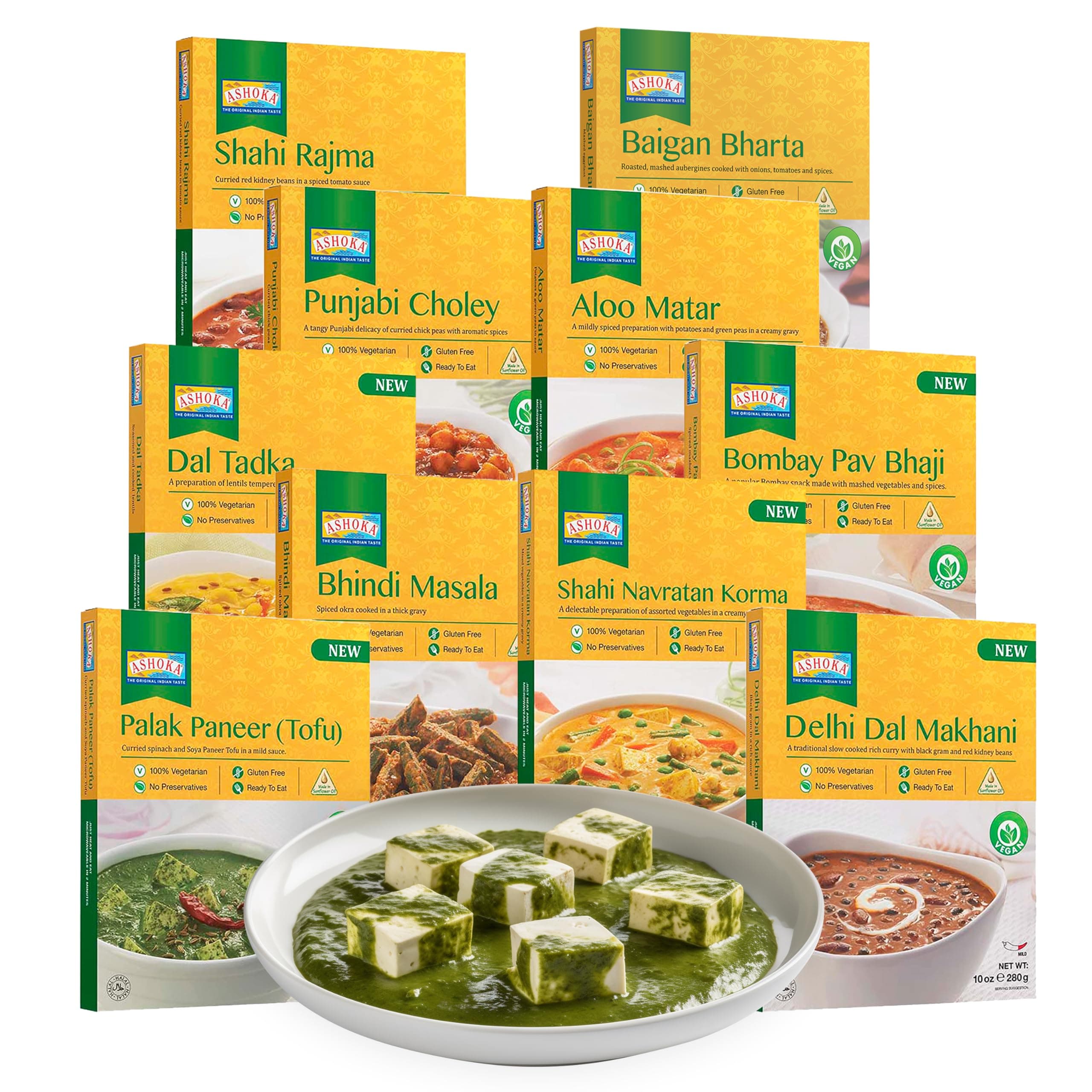 Authentic Indian Meals 1932, Vegan Sampler Pack, Kosher Certified, Ready to Eat Meal Kit, All-Natural Microwave Friendly, Great for Hiking & Camping, Gluten-Free, No Preservatives, Pack of 10