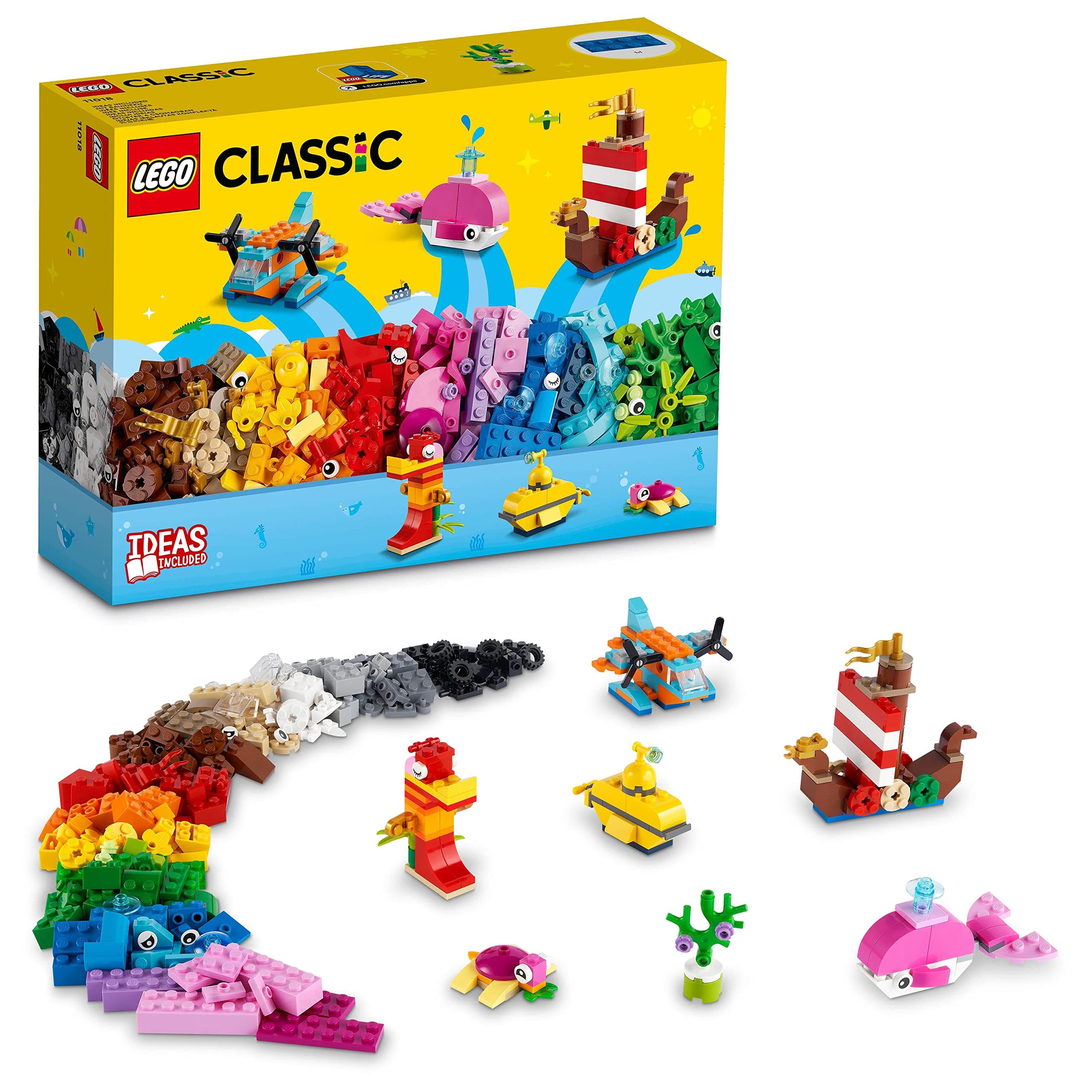 LEGOClassic Creative Ocean Fun 11018 Building Kit; With 6 Mini Builds, Including a Viking Ship and a Yellow Submarine, Plus Extra Bricks for Imaginative Play; Educational Toy for Ages 4+ (333 Pieces)