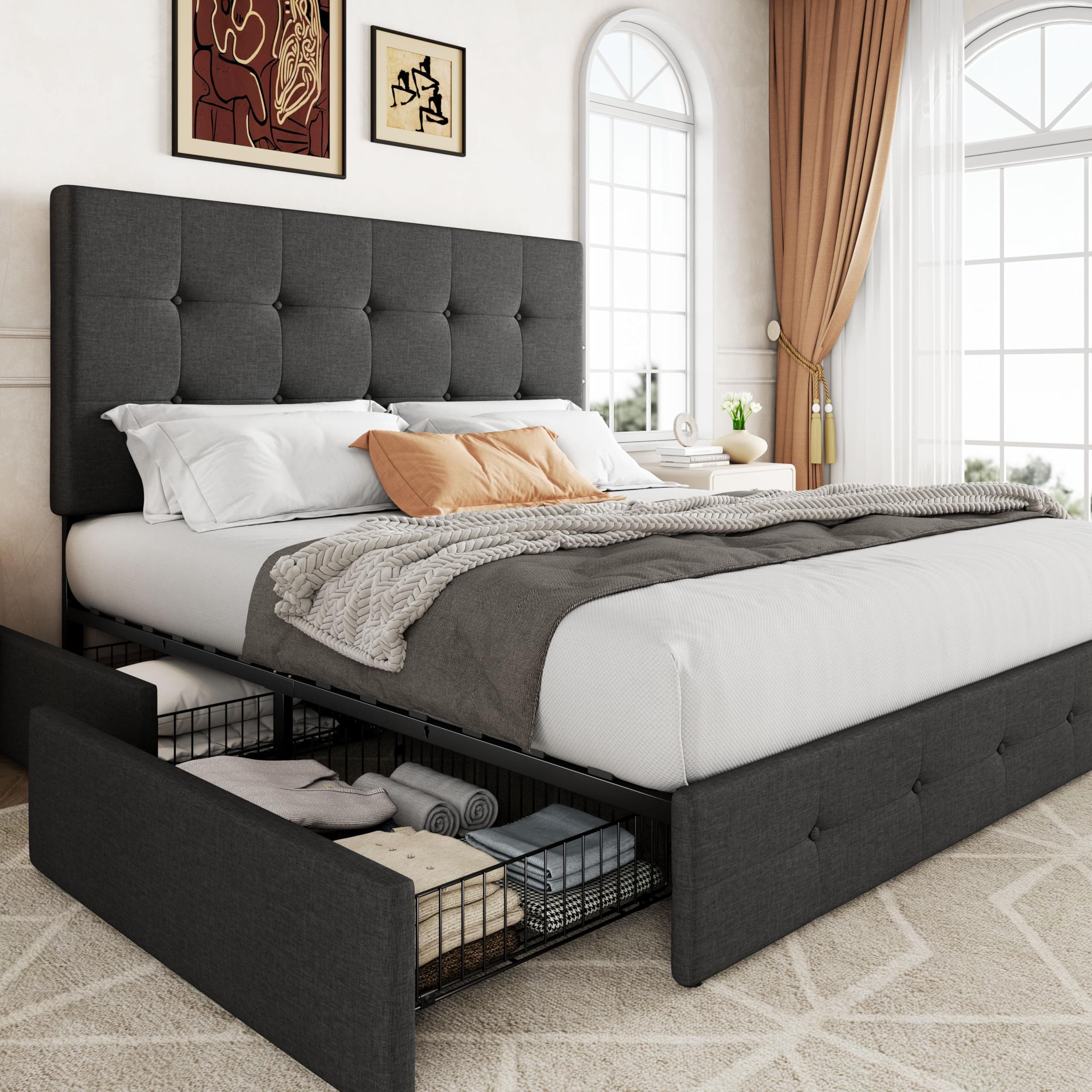 Allewie Upholstered Full Size Platform Bed Frame with 4 Storage Drawers and Headboard, Square Stitched Button Tufted, Mattress Foundation with Wooden Slats Support, No Box Spring Needed, Dark Grey