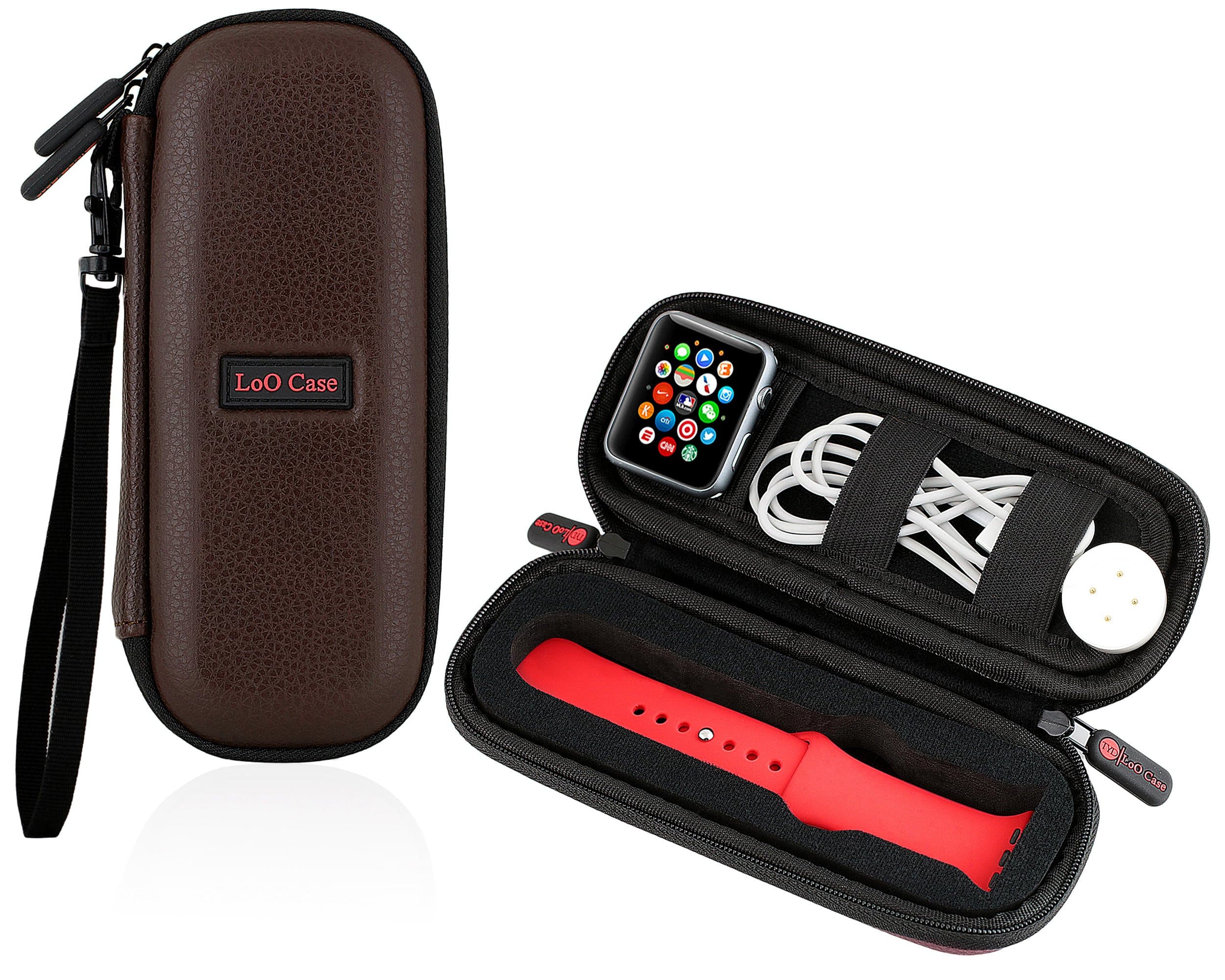 Smartwatch Travel Case Compact – For Smart Watch, Compatible with Apple Watch, Fitbit Blaze, Huawei – Watch Bands & Accessories Case – Holds Multiple Smartwatch Bands (Brown Leather)