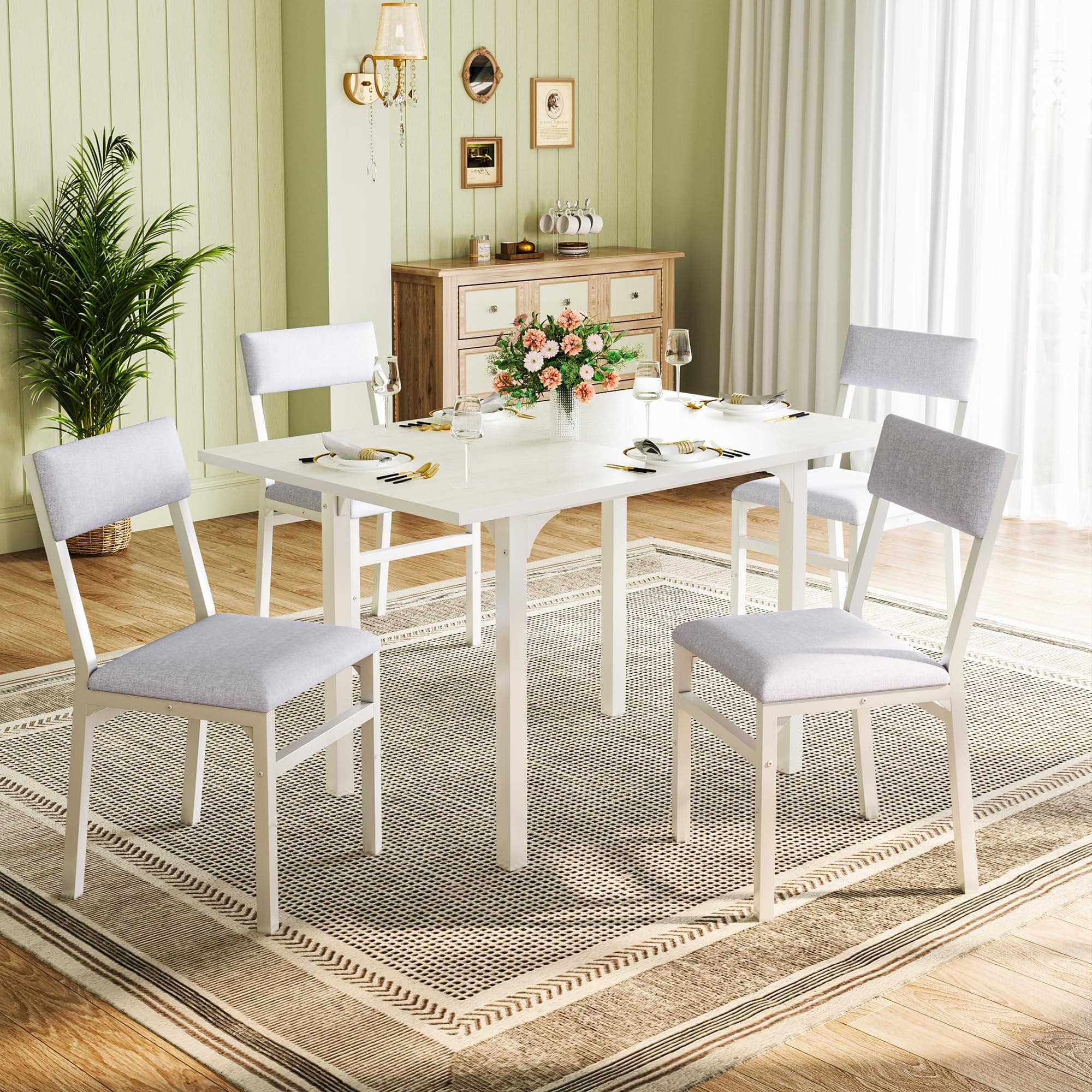 HUAHUU Dining Table Set for 4, Extendable Kitchen Table Cushion Chairs Set of 4, Rectangle Dining Table with Metal Frame & MDF Board, Folding for Small Apartment Saving Space, White