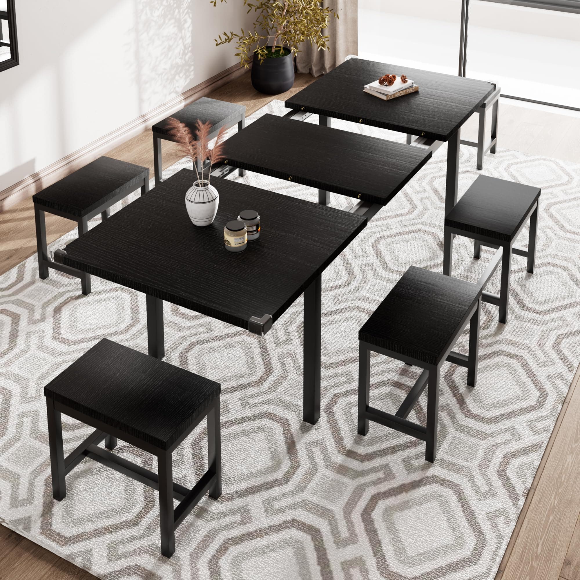 iPormis 7-Piece Dining Table Set with 6 Stools, 63" Extendable Kitchen Table Set for 4-8, Modern Dining Room Table with Sturdy Metal Frame, Space-Saving Dinette, Black
