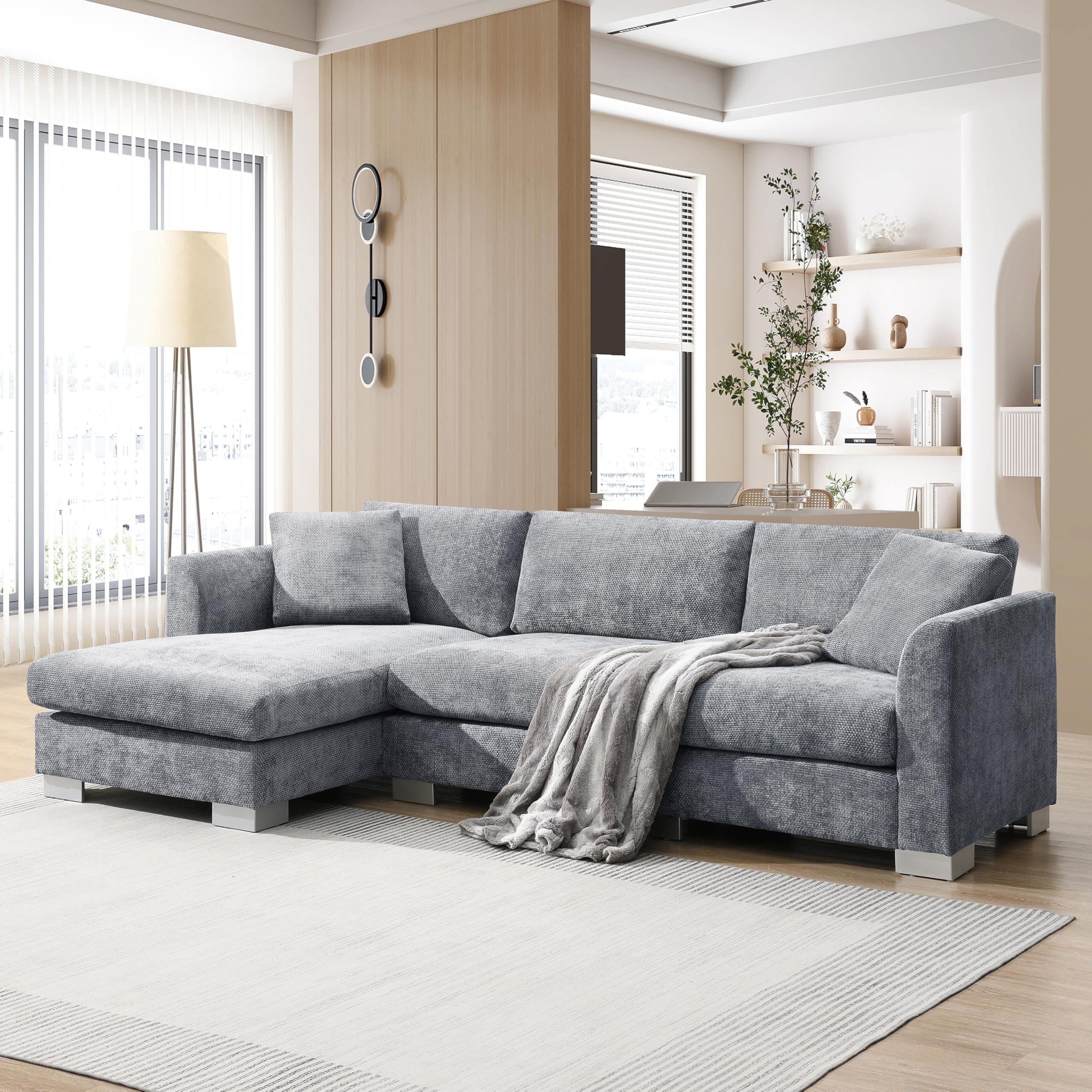 WILLIAMSPACE 96" Cloud Sectional Sofa Couch for Living Room, Modern Upholstered L-Shape Sofa 3 Seater Couch with Oversized Chaise, Contemporary Corner Sofa for Apartment, Chenille (Left-Facing,Gray)