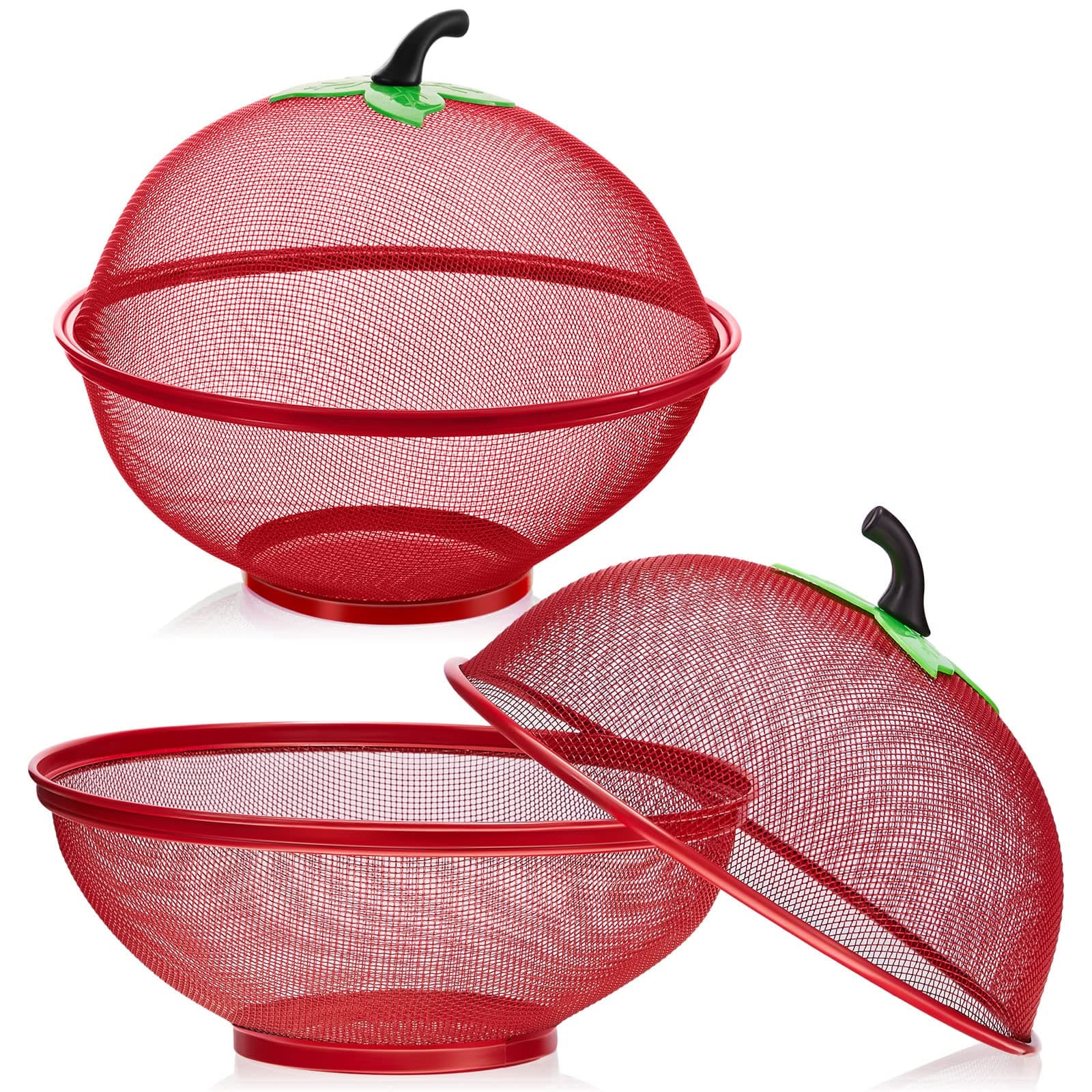 Tessco 2 Pcs Fruit Basket with Lid Mesh Apple Shaped Fruit Bowl Cover Protective Holder Countertop Metal Wire Against Flies Reusable Strainer for Gift Restaurant Kitchen Food Vegetable, Red
