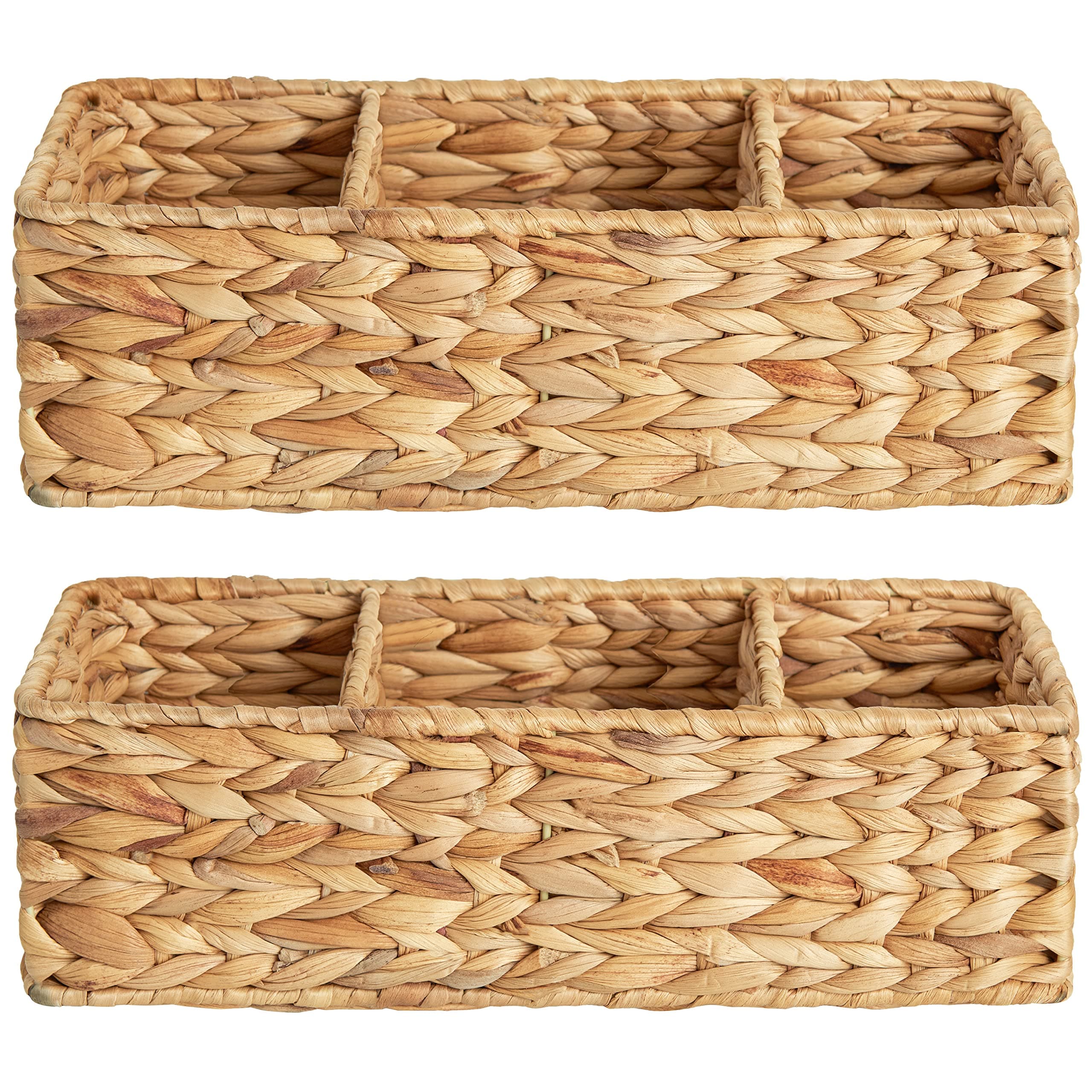 StorageWorks Wicker Basket Tank Topper, Wicker Storage Basket for Shelves, Toilet Paper Basket for Back of Toilet Tank Top, 3-Section Water Hyacinth Storage Baskets, 2-Pack