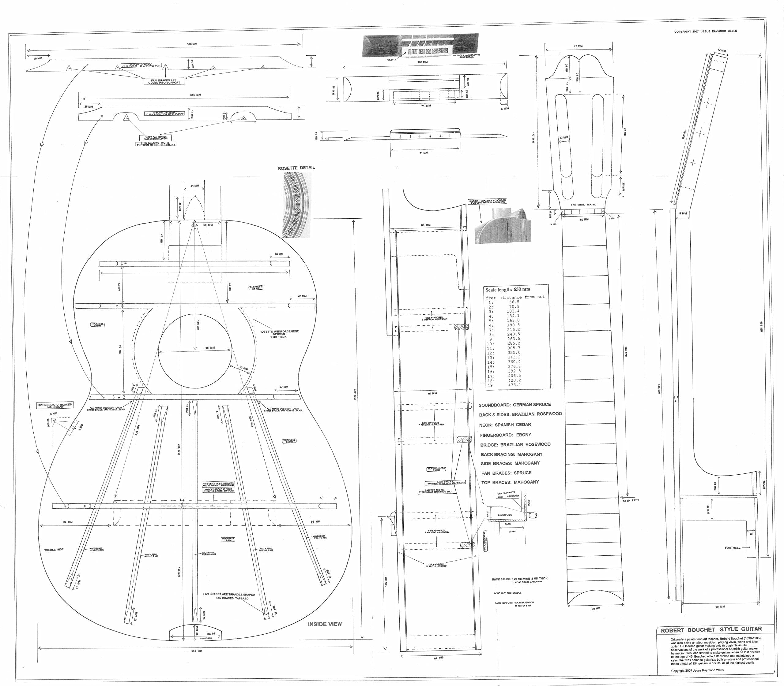 Full Scale Plans for making the Bouchet Classical Guitar - Actual Size plans, Detailed FREE SHIPPING