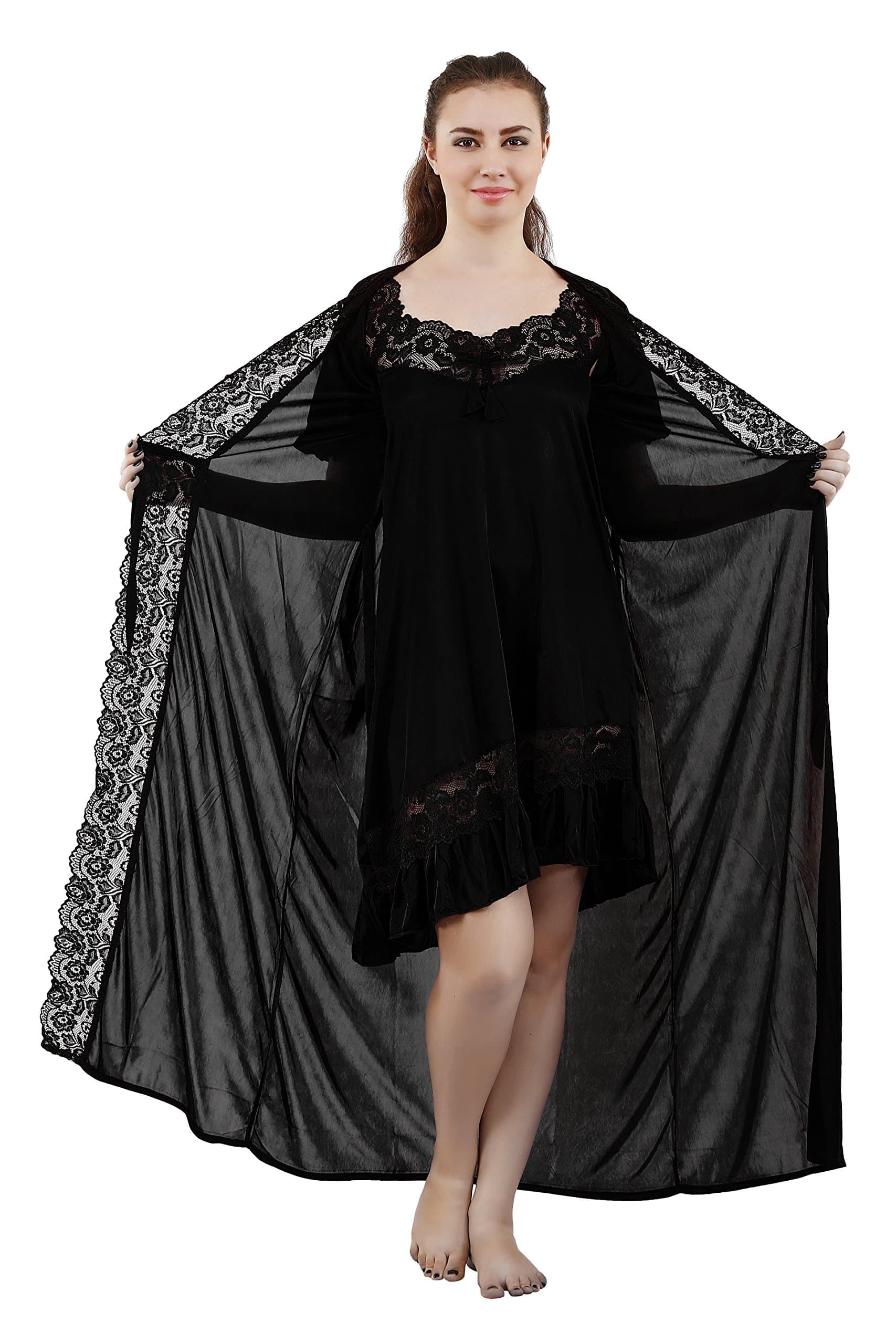 Romaisa Women's Nighty & Robe Set Lace Yoke Short Nighty with Matching Robe | Satin Look Lace Sleepwear