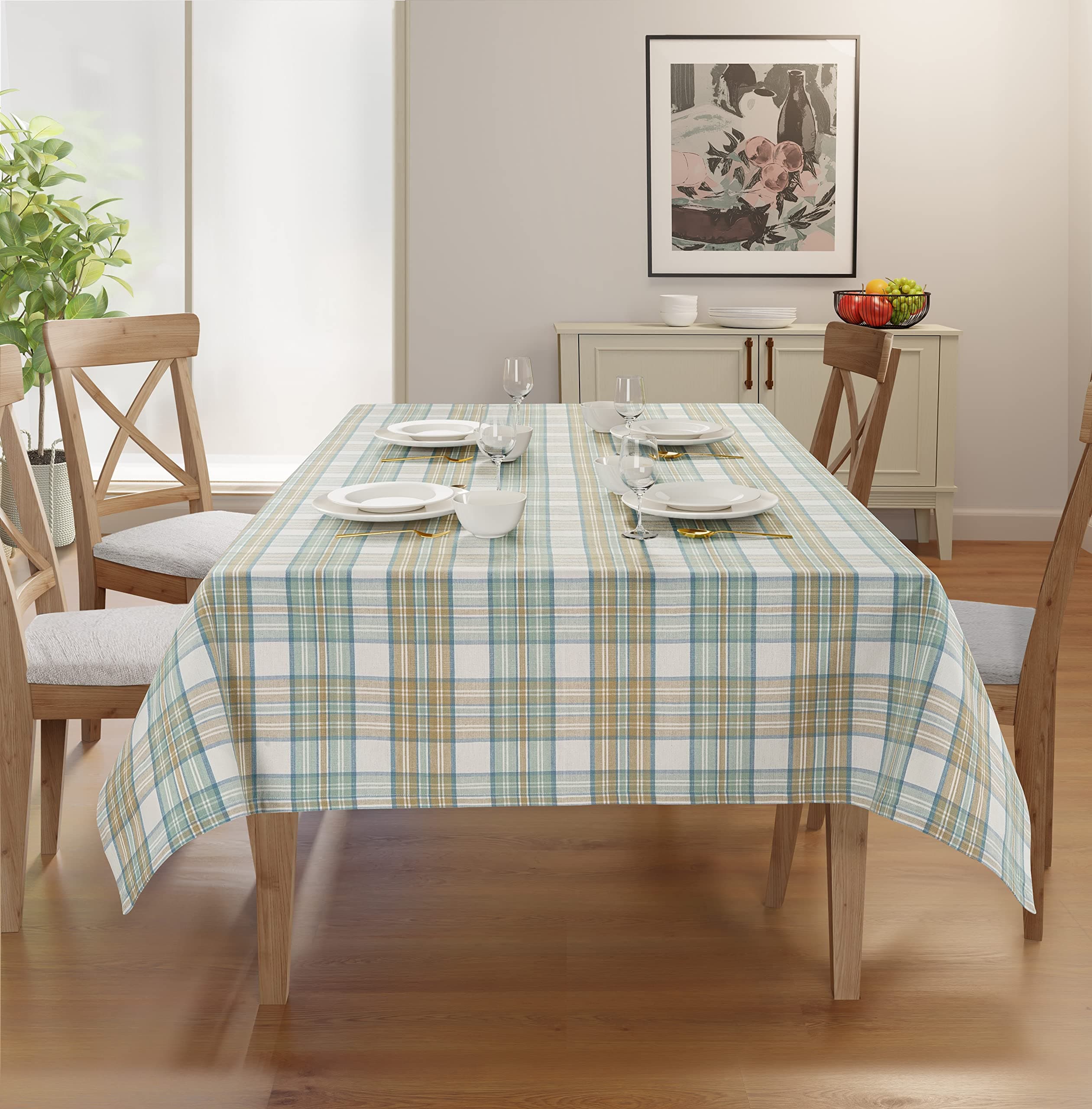 Rectangle Table Cloth - Table Cover - Cotton Mitered Stitched - Checks Table Covers for Kitchen Dining, Wedding, Decorations, & Parties - 60x84 in - Khaki Duplin