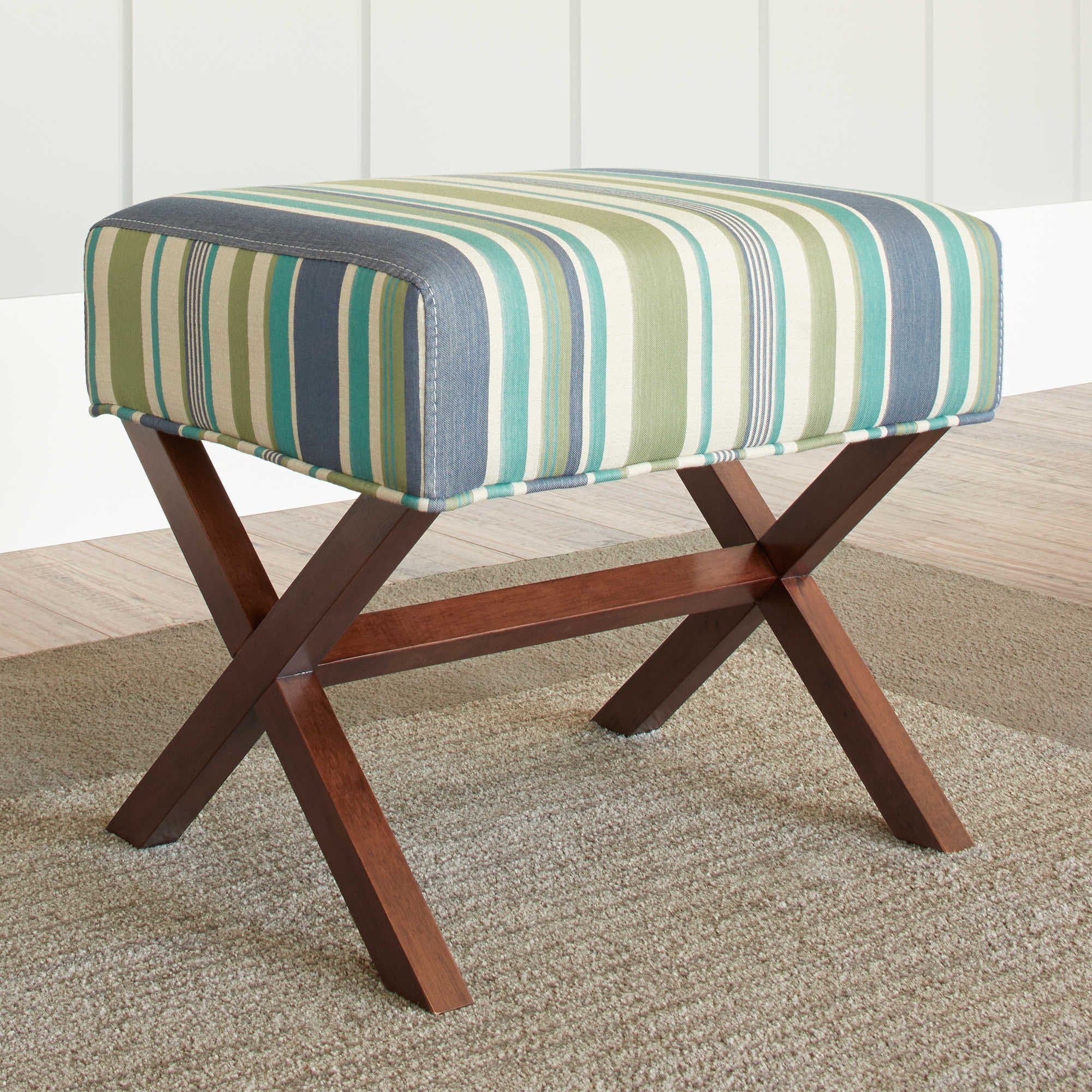 Upholstered Ottoman with Solid Wood X-Shaped Legs in Stripe - 19.7" W x 15.8" D x 17.32" H. Assembly required