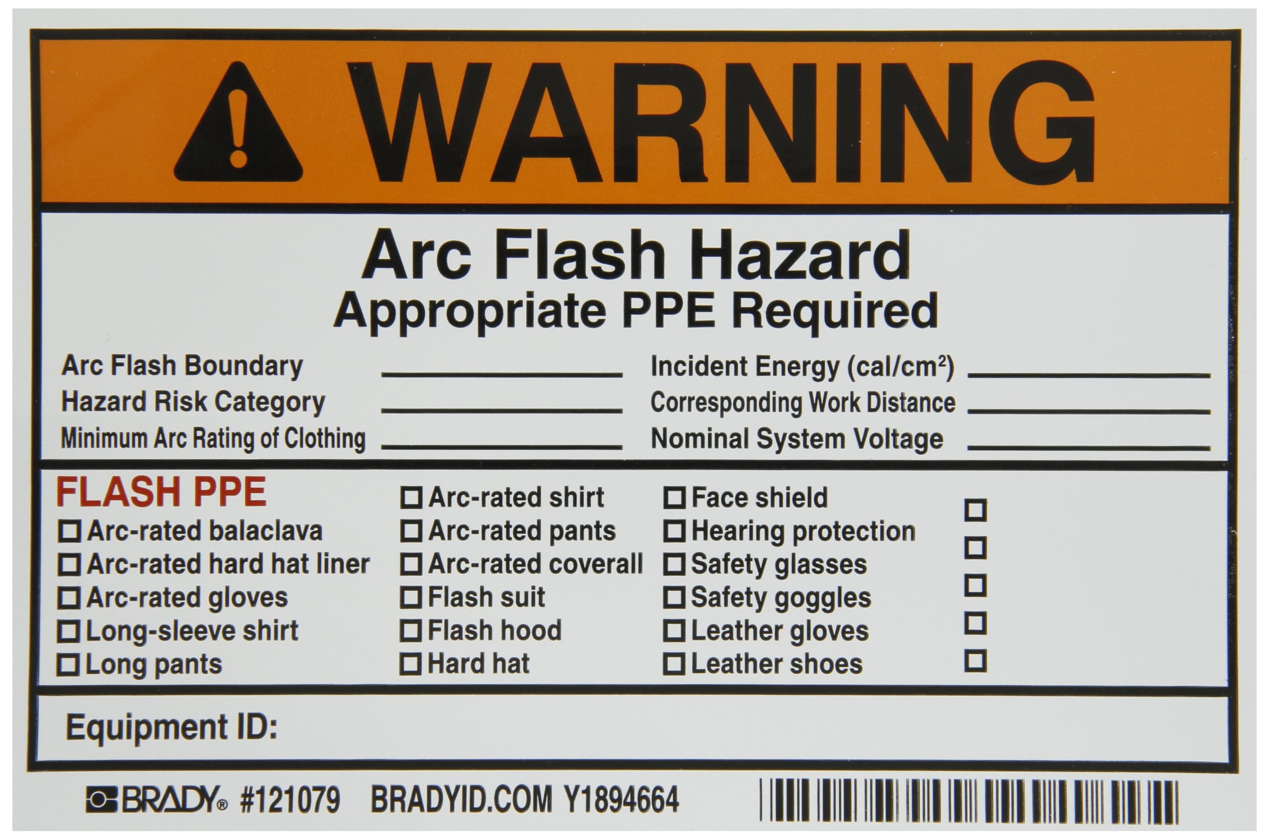 121079 Vinyl Write-On Arc Flash Labels (Warning) , Black/Orange On White, 4" Height x 6" Width, Legend "Warning Arc Flash & Shock Hazard Appropriate Ppe Required Flash Protection Boundary____..., Etc." (5 Labels per Package)