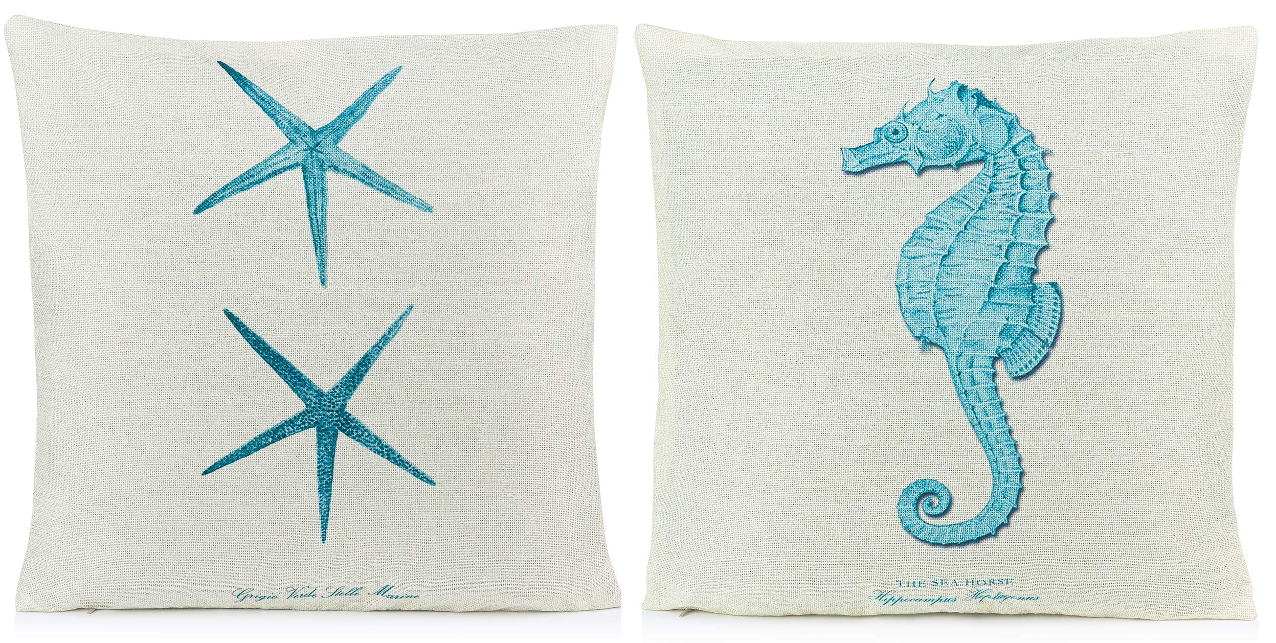 Beach Pillows Decorative Throw Pillows |Coastal Throw Pillows Covers 2 Pack 18 x 18 Inch| Beach Theme Couch Pillow Covers with Starfish & Seahorse