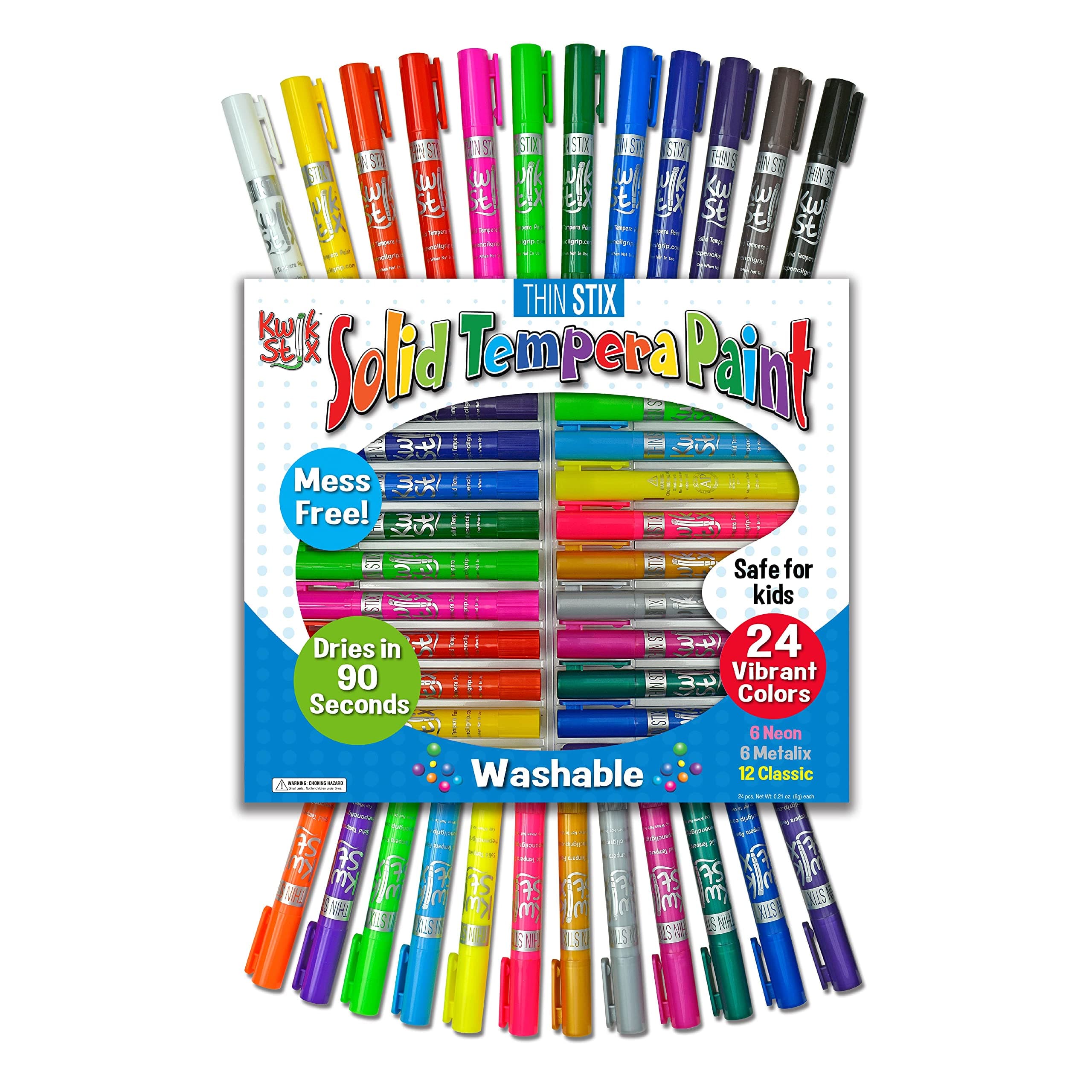 Kwik Stix Solid Tempera Paints, Thin Stix Paint Pens, Super Quick Drying, 6 Neon, 6 Metalix & 12 Classic Vibrant Colors - 24 Pack - TPG-620
