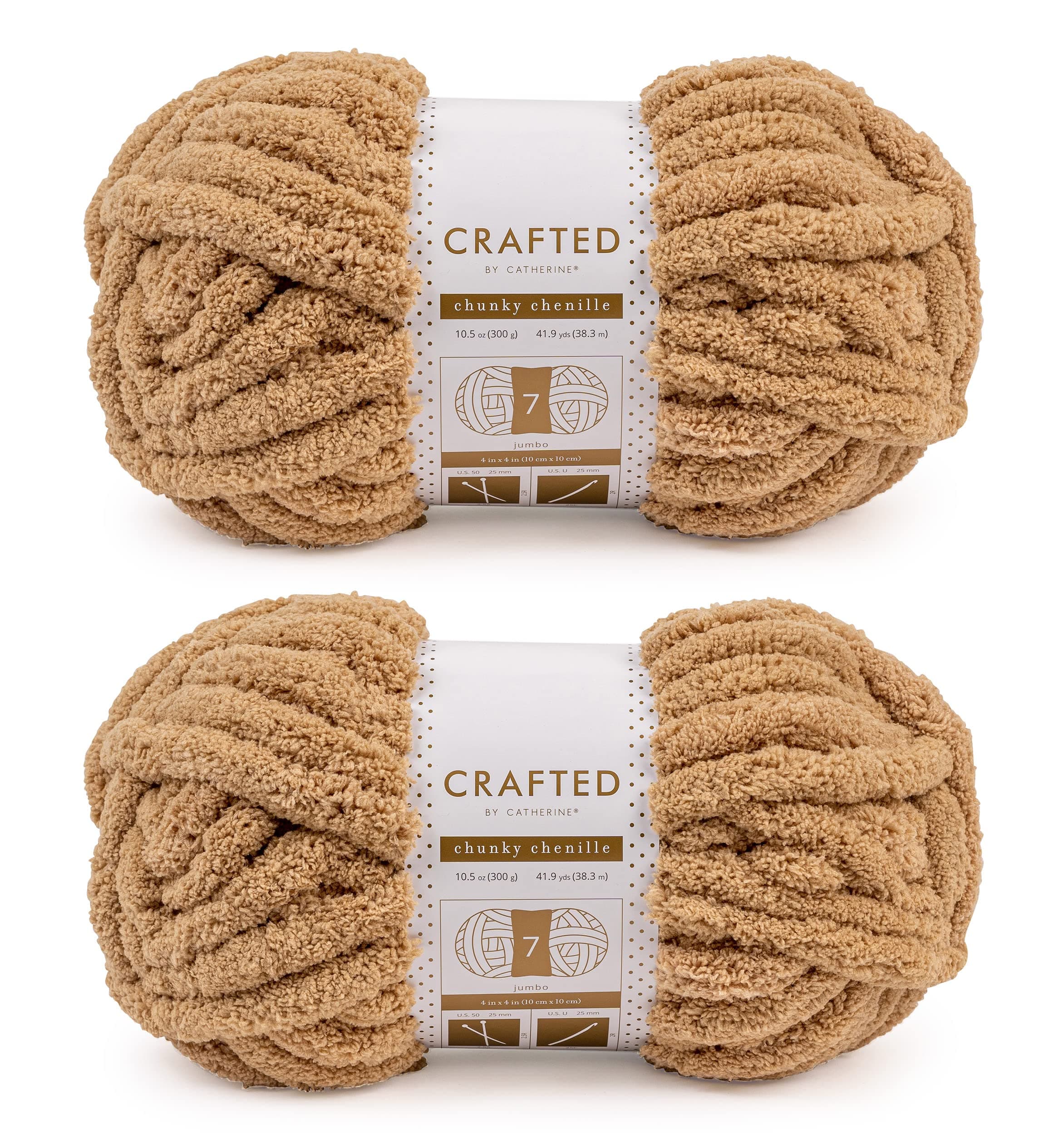 Crafted By Catherine Chunky Chenille Yarn - 2 Pack (41 Yards Each Skein), Khaki, Gauge 7 Jumbo