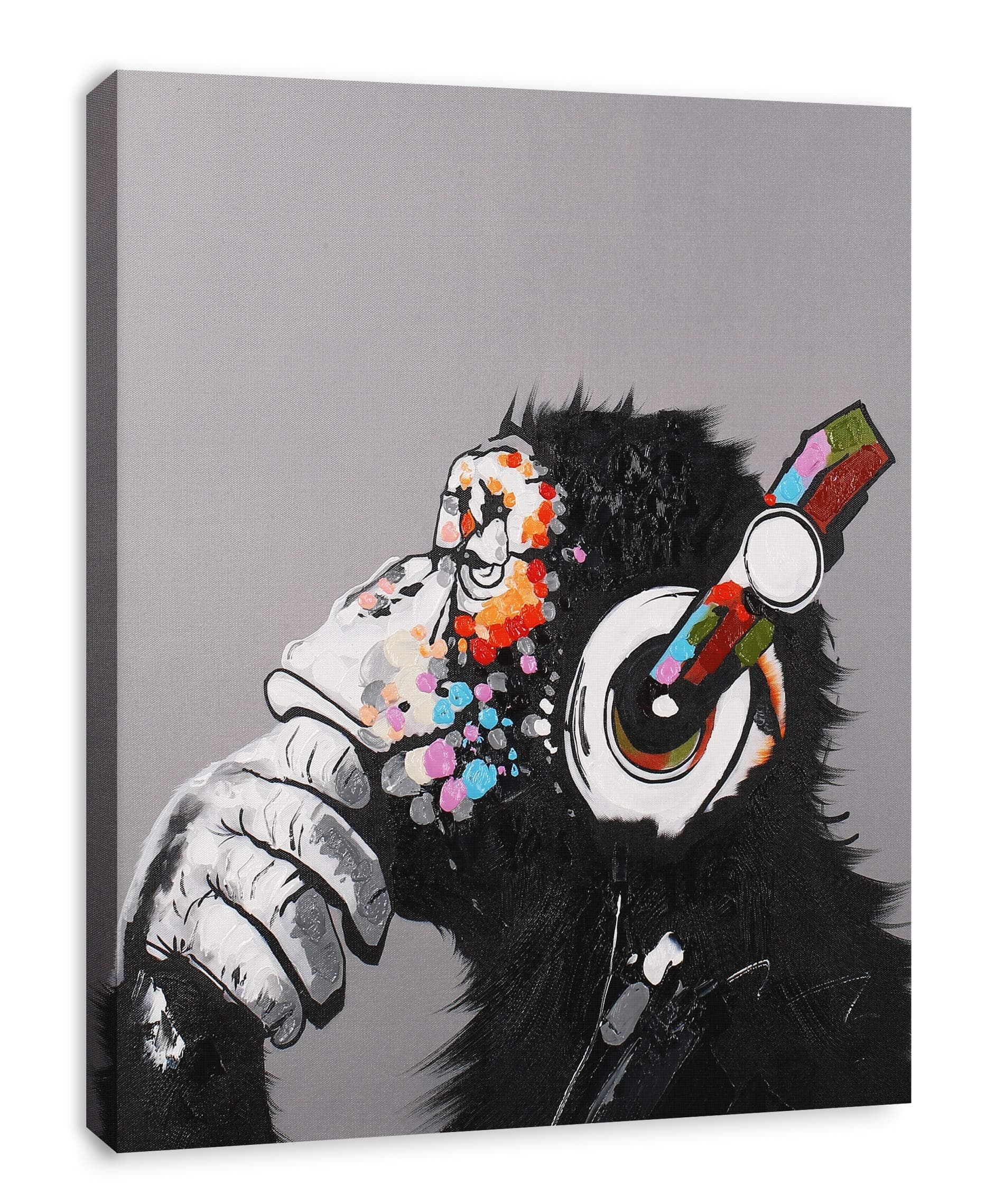 Modern Pop Art Decor - Framed - Thinking Monkey With Headphones Canvas Print Home Decor Wall Art, Gallery Wrap Inner Frame, 27x39