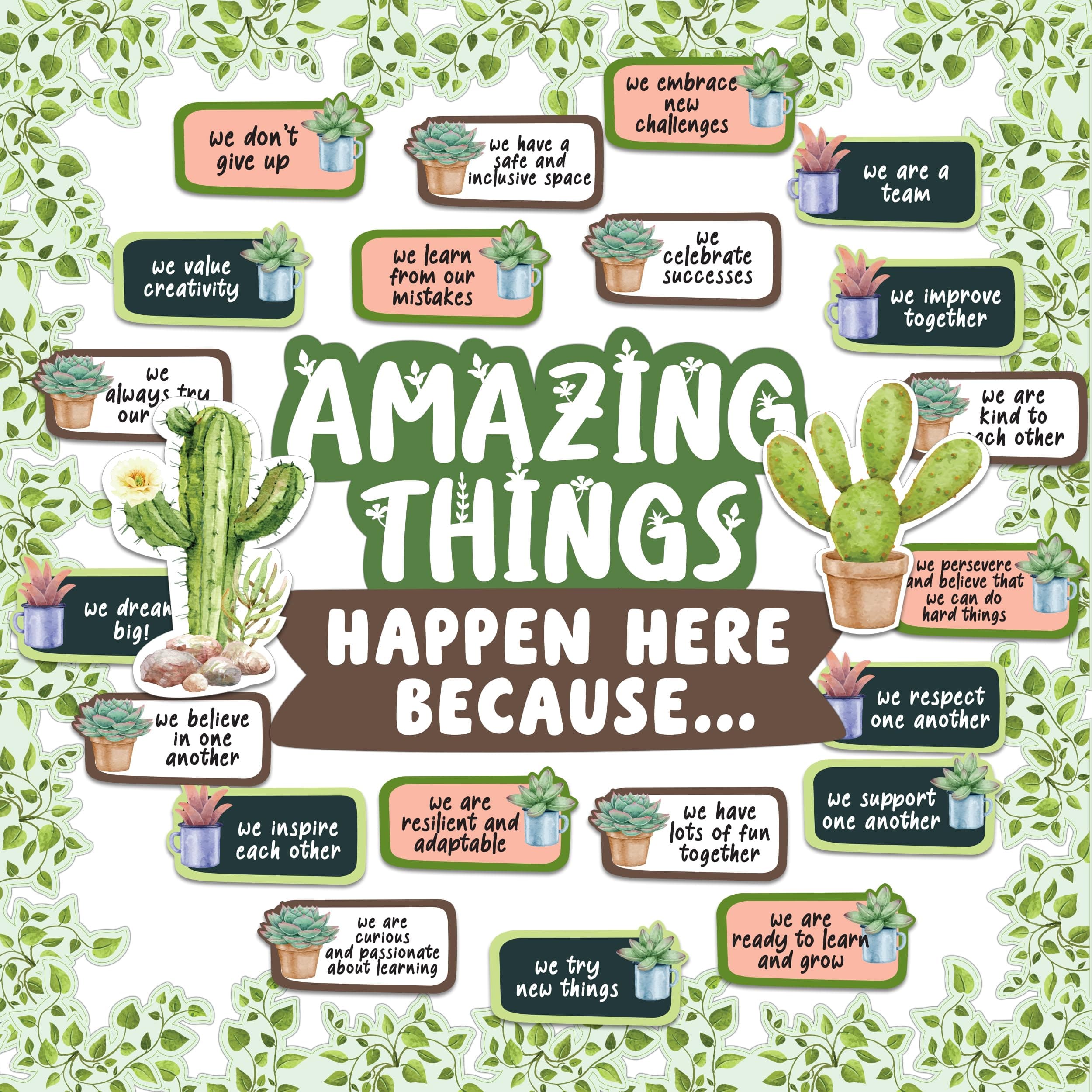 Decorably 53 Pcs Cutouts Cactus Classroom Theme Decorations Set with Borders, Cactus Classroom Decor, Plant Bulletin Board Decorations - School, Homeschool